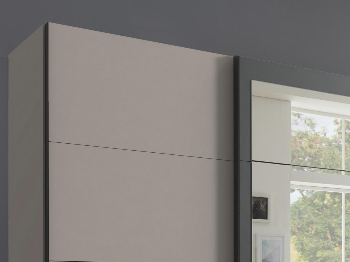 SCHWEBETÜRENSCHRANK 3-türig, Spiegeltür 270/210/65 cm, Kleiderstangen, Einlegeböden, Sand Grau mit Absetzungen in Anthrazit / 22007 - Sandfarben/Anthrazit, Holzwerkstoff/Metall (270/208/65cm) - luma-home