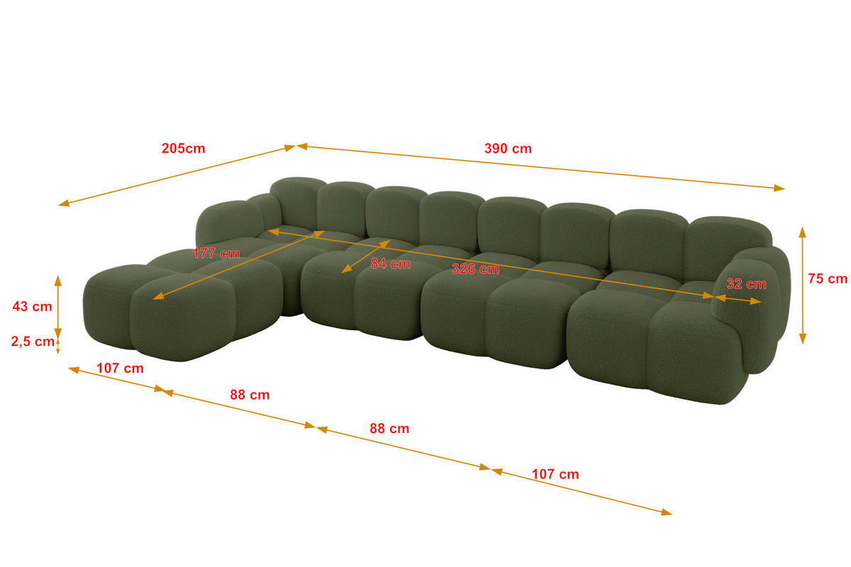 ECKSOFA modulares Sofa Links Miko-L3 390x205x75 Grün Bouclé - Smaragdgrün/Schwarz, Holzwerkstoff/Kunststoff (390/205cm) - ALTDECOR
