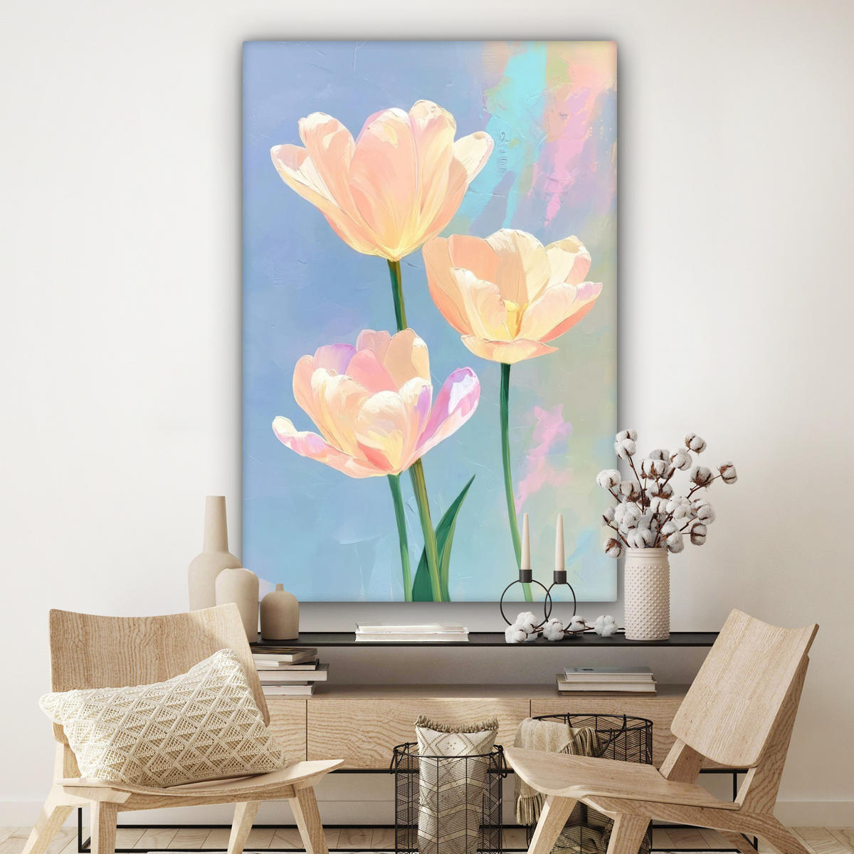 OBRAZ NA PLÁTNĚ Tulipány - růžové akcenty - modré 90x140 cm - pastelově modrá, textil (90/140cm) - MuchoWow