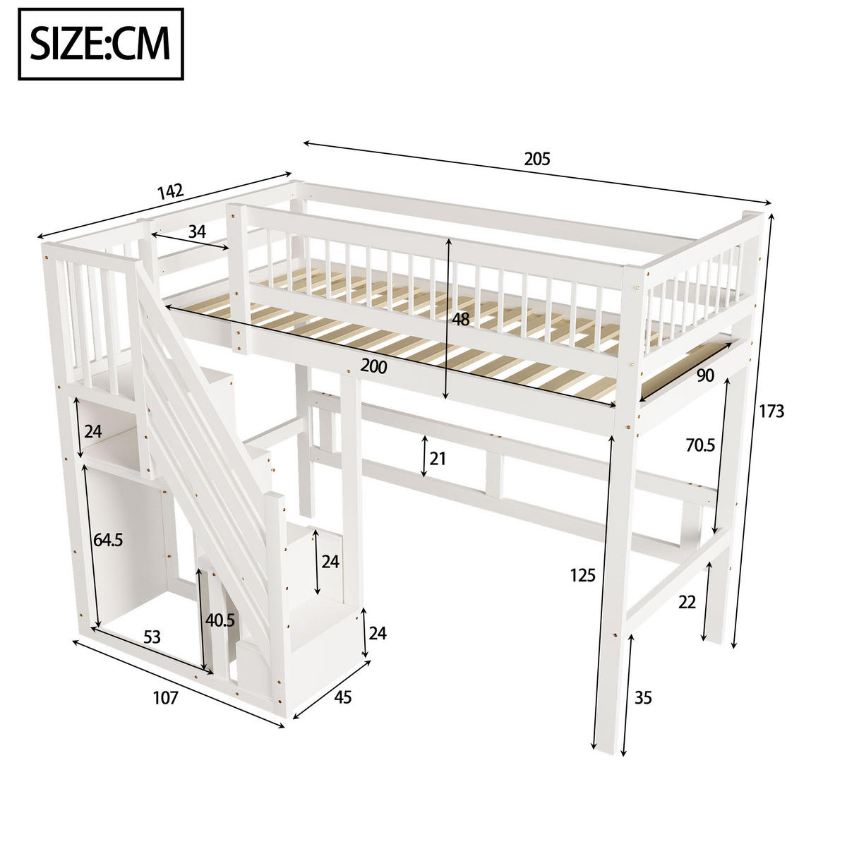 HOCHBETT 90/200 cm aus Holzwerkstoff mit Aufbewahrungstreppe und Stauraum, Weiß/Grau - Weiß, Holzwerkstoff (90/200cm) - Redom