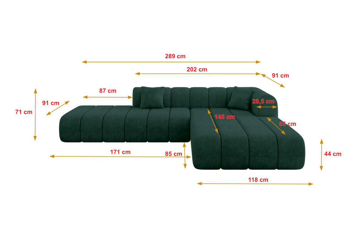 ROHOVÁ SEDAČKA s otomanem, pravá BILA-L 289x176x71 Zelená Velur - černá/jadeitově zelená, kompozitní dřevo/textil (289/176cm) - ALTDECOR