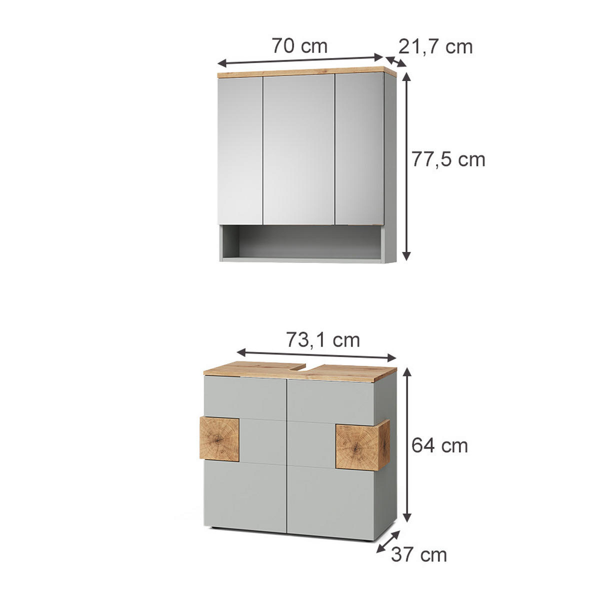 BADMÖBEL-SET Eden Grau 2 Teile - Hellgrau/Grau, Holzwerkstoff (73.1/64/37cm) - Vicco