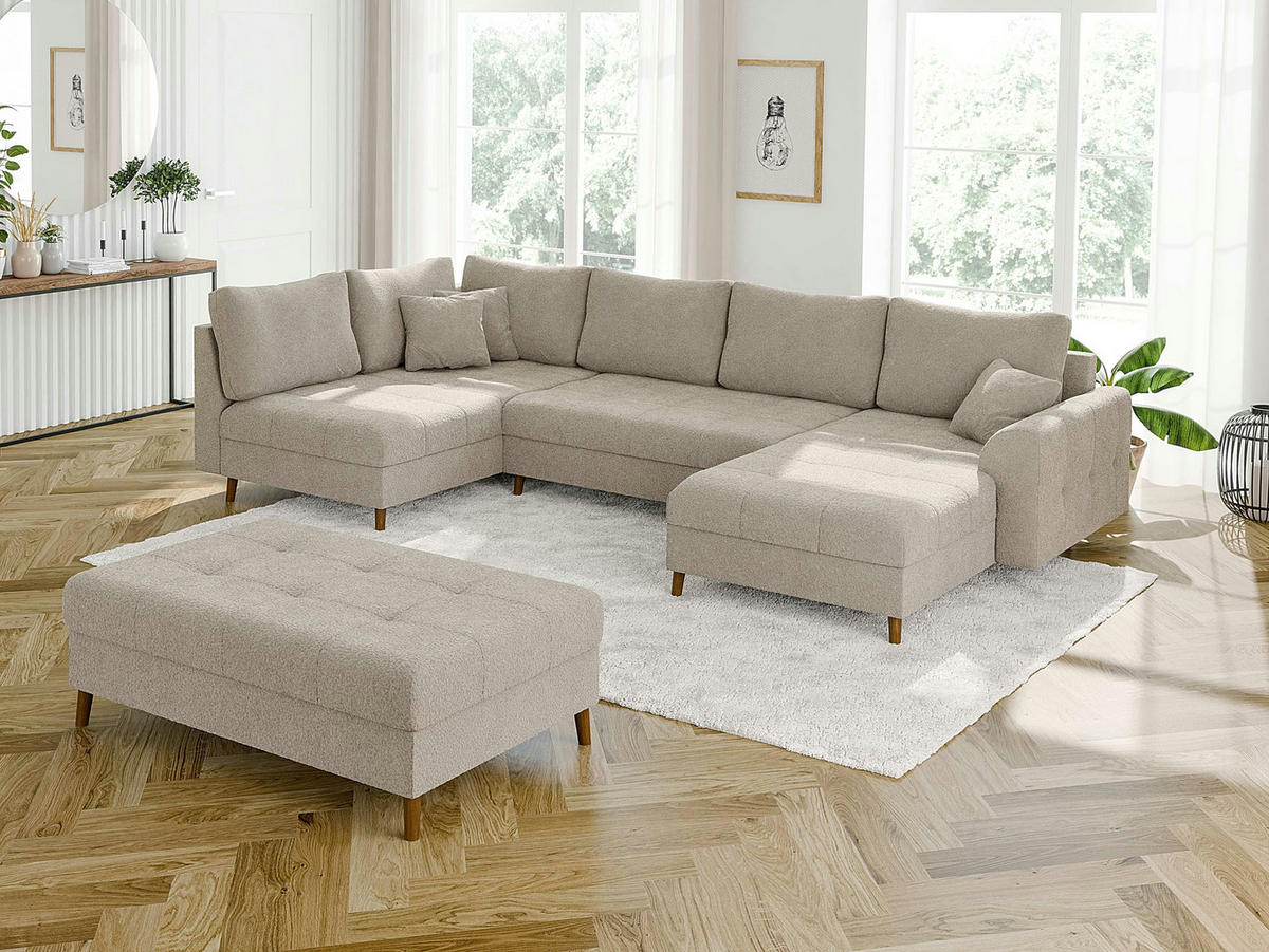WOHNLANDSCHAFT inkl. Hocker Henrik Beige Boucle - Beige/Braun, Holz/Textil (310/81/161cm) - S-Style Möbel