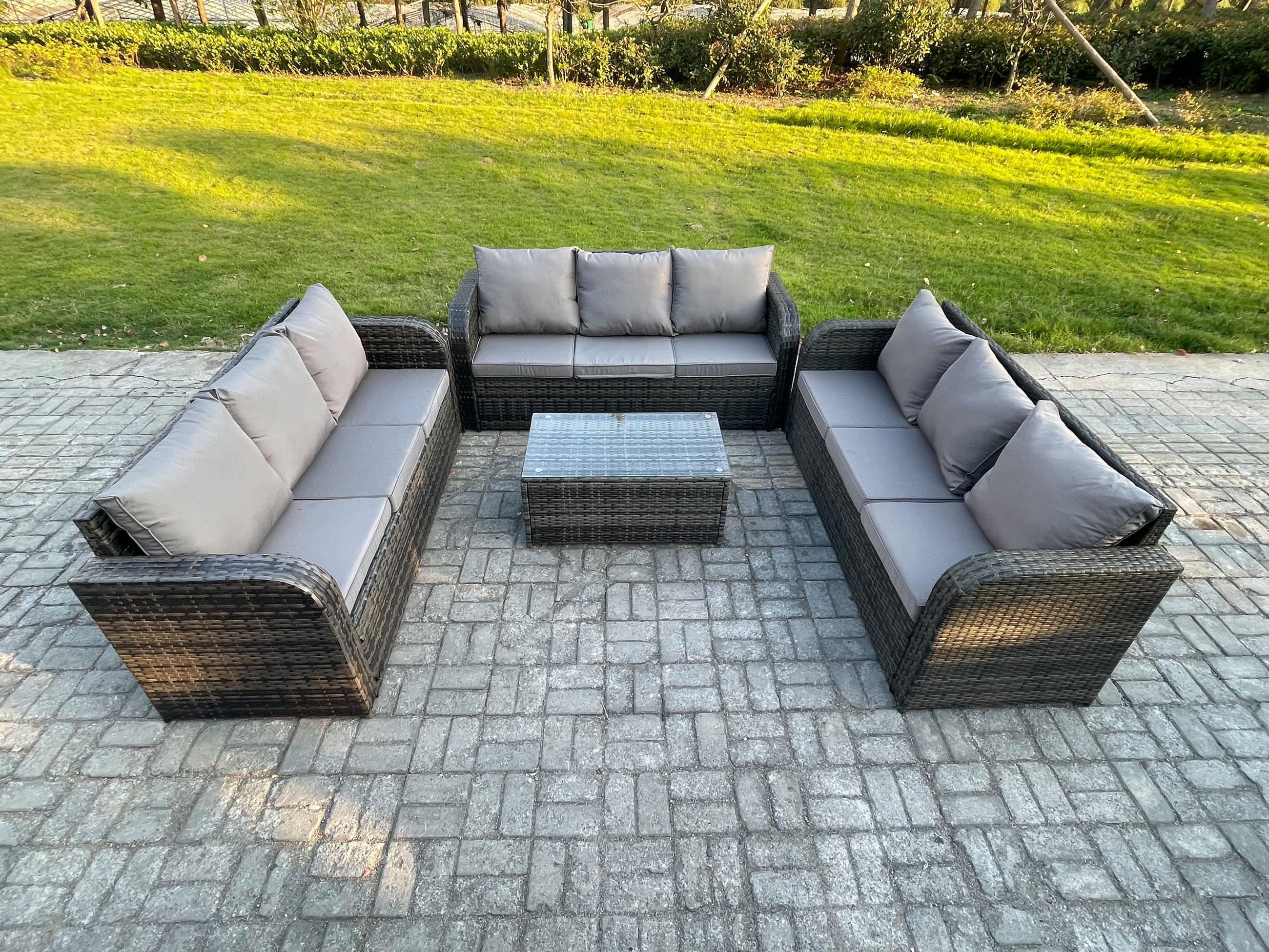 GARTENMÖBELGARNITUR mit KISSEN Polyrattan Dunkelgrau 9-Sitzer - Dunkelgrau/Grau, Glas/Kunststoff - Fimous