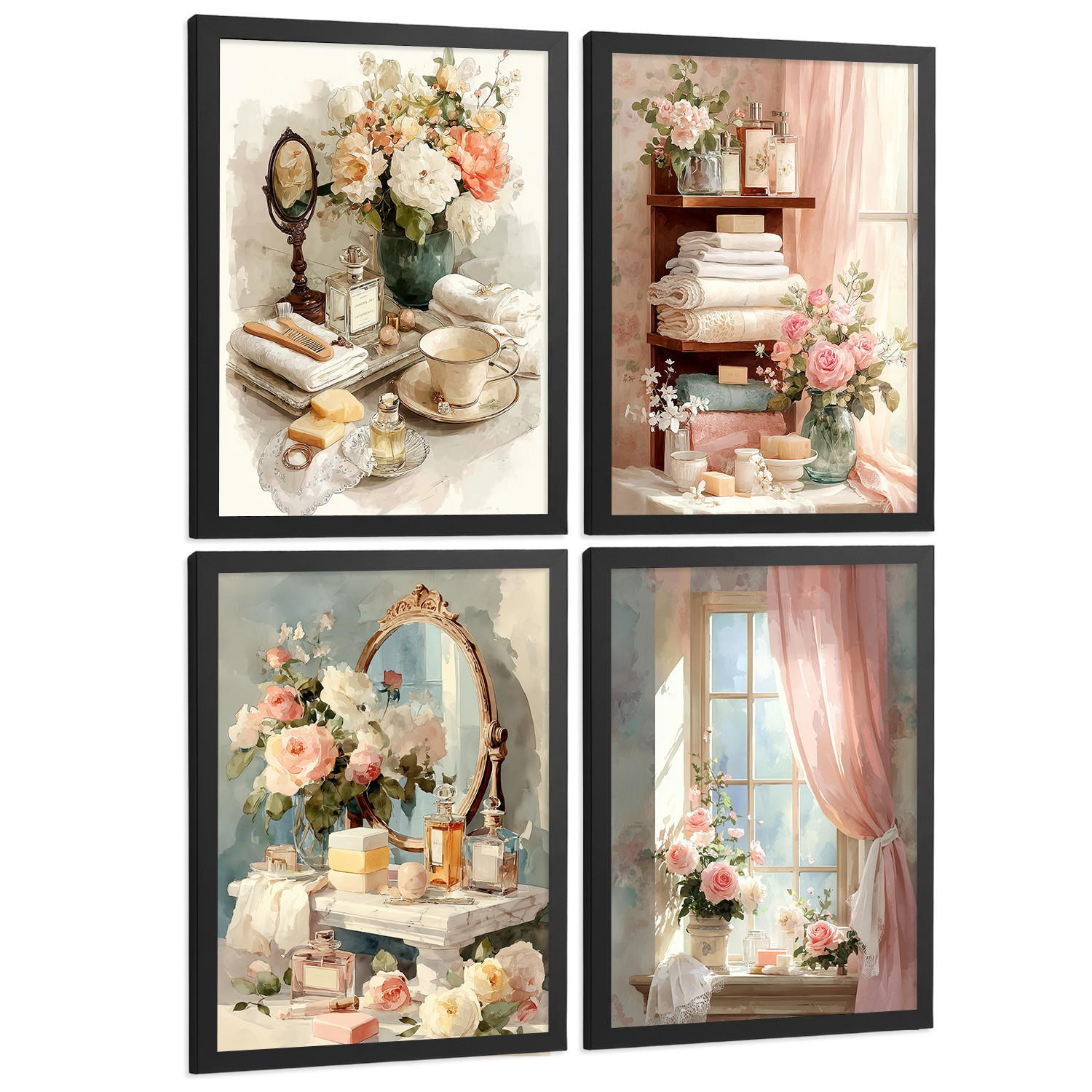 POSTER 4er-Set dekorative Badezimmerdrucke, romantischer Stil, Bilder mit Blumen, Parfums und Schminktisch, elegante, Schwarzer Rahmen A4 - Schwarz, Papier (29.7/21/3cm) - Nacnic