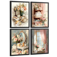 POSTER 4er-Set dekorative Badezimmerdrucke, romantischer Stil, Bilder mit Blumen, Parfums und Schminktisch, elegante, Schwarzer Rahmen A4 - Schwarz, Papier (29.7/21/3cm) - Nacnic