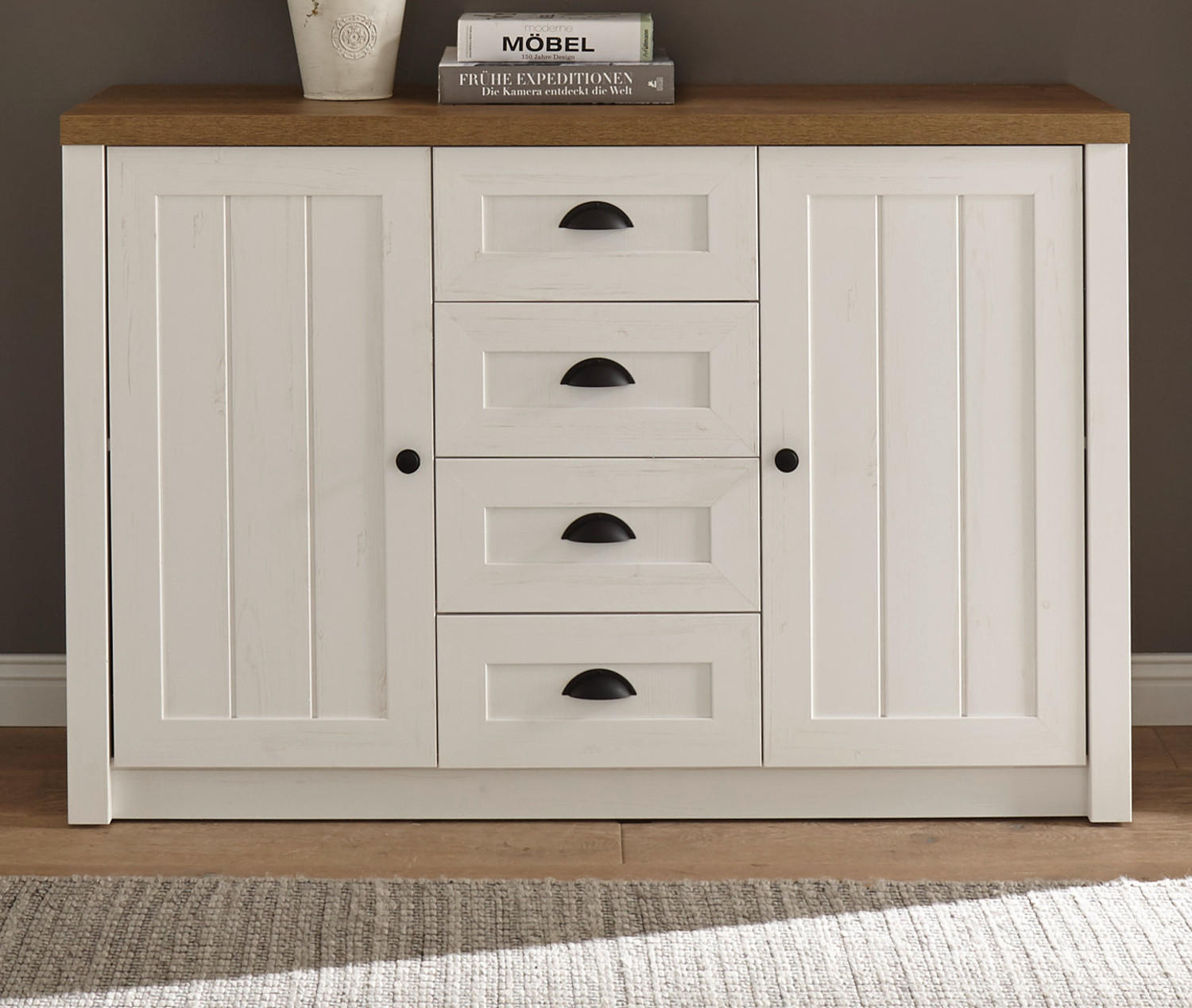 SIDEBOARD weiß Pinie, Eiche hell Landhaus, Kommode 130 x 88 cm - Eichefarben/Schwarz, Holzwerkstoff/Metall (130/86/43cm) - Furn.Design