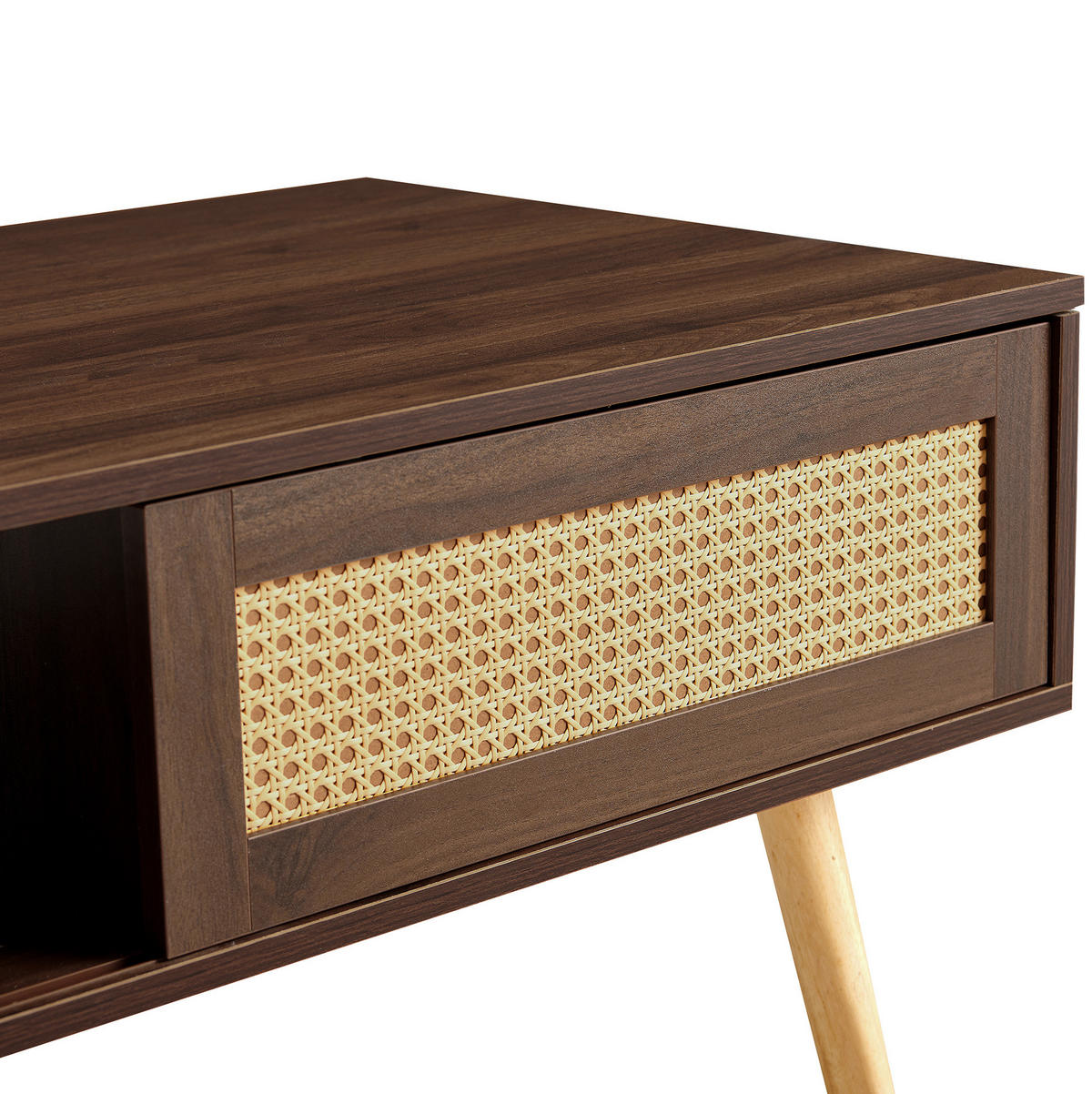 KONFERENČNÍ stolek z MDF a ratanu, 105/55/40 cm hnědý, s posuvnými dvířky - hnědá, kompozitní dřevo (105/55/40cm) - BEAOK