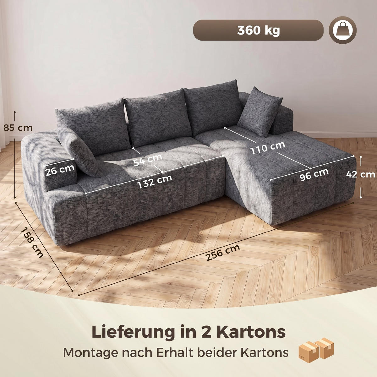 ECKSOFA Grau 256.0/158.0/85.0 cm - Grau, Textil (158/256cm)