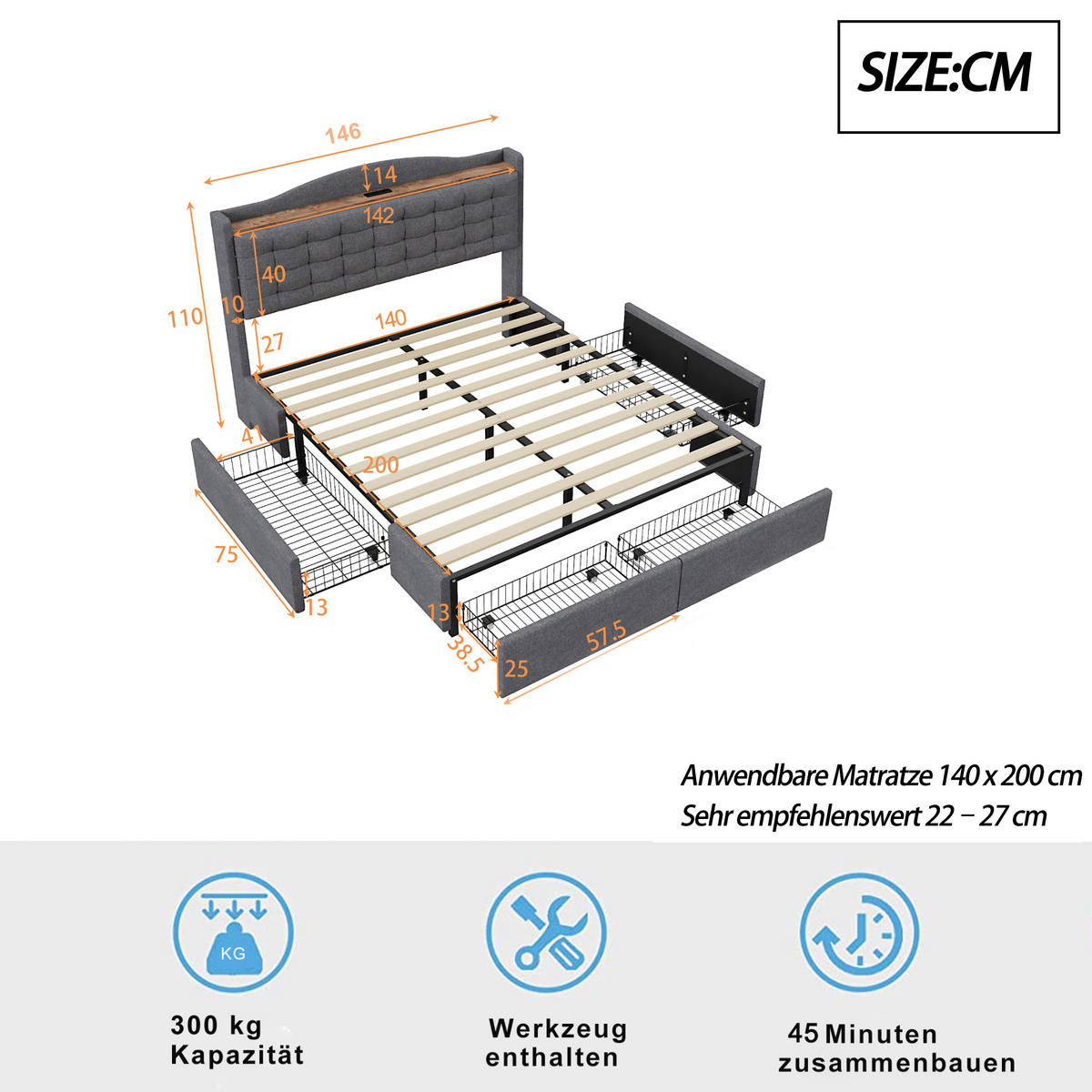 POLSTERBETT 140/200 cm grau mit USB-Ladeanschluss und 4 Schubladen - Grau, Textil (140/200cm) - OKWISH