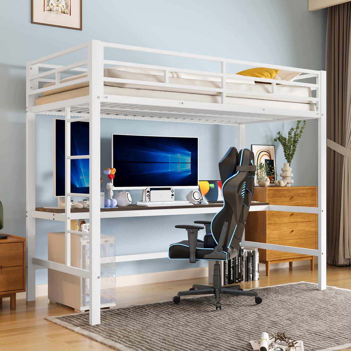 HOCHBETT 90x200cm Weiß Metall Schreibtisch USB Steckdose EN747 - Weiß, Metall (90/200cm) - FLIEKS