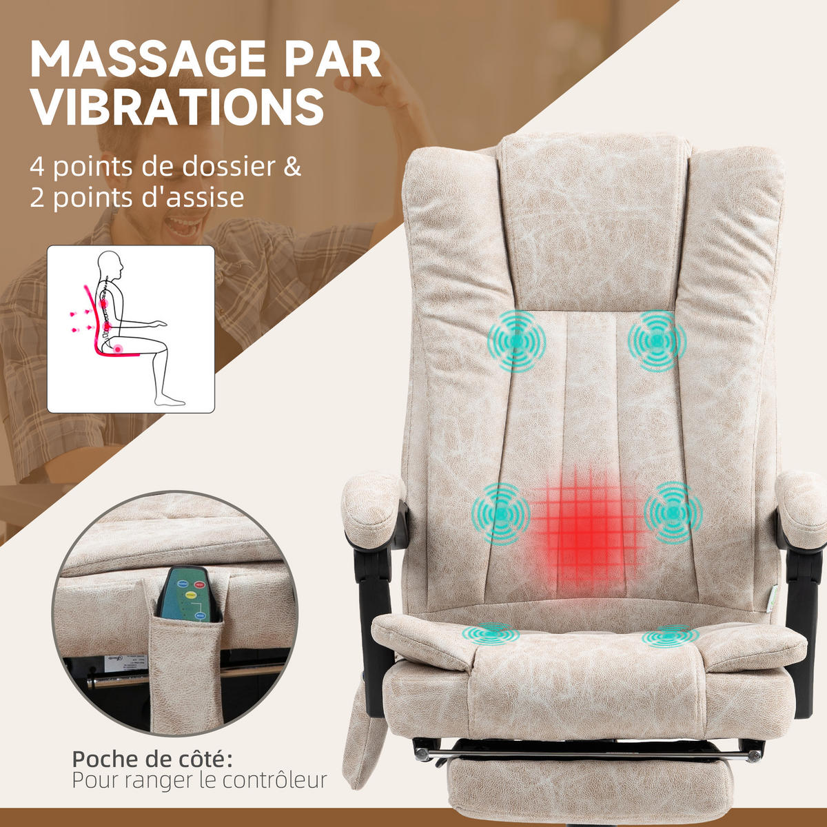 CHEFSESSEL DE-11807 Massage & Heizung Creme - Creme, Metall (70/120/62cm) - ComfortXL
