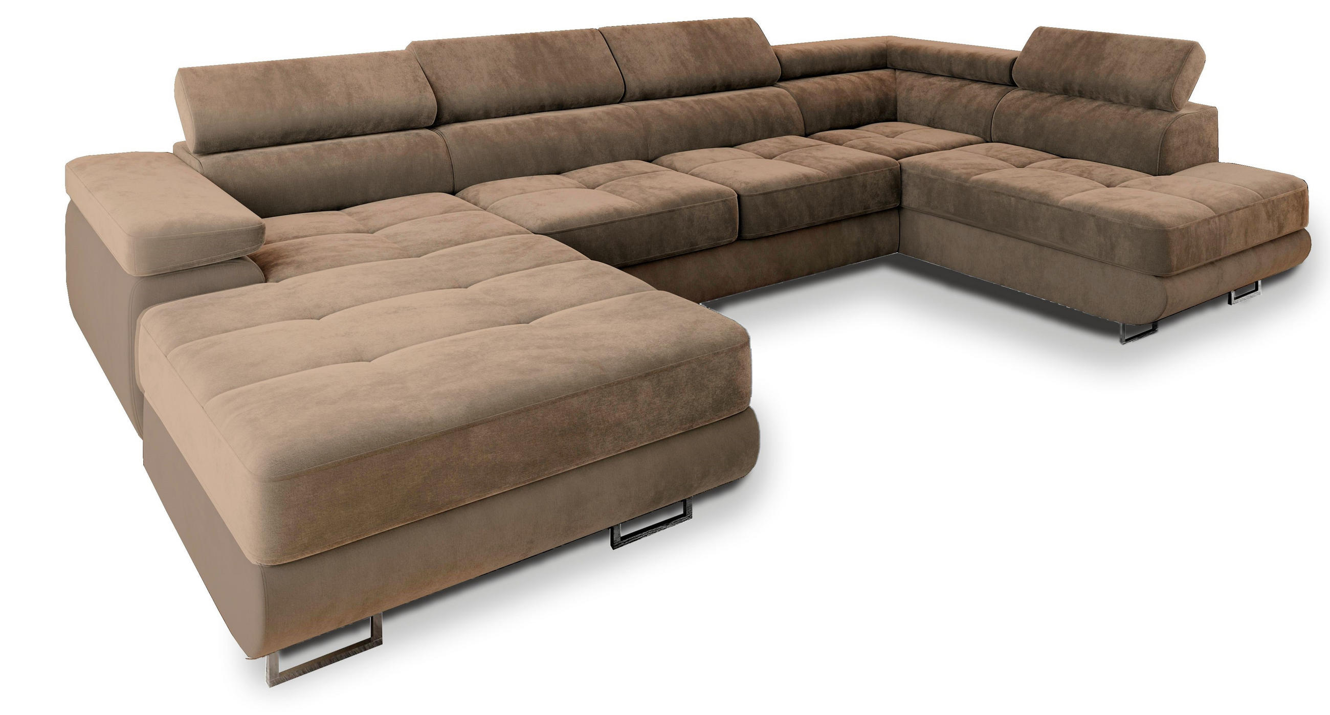 WOHNLANDSCHAFT CASONE R-S Beige Velours-Stoff mit Schlaffunktion - Beige, Holz (345/90/202cm) - MASSENO