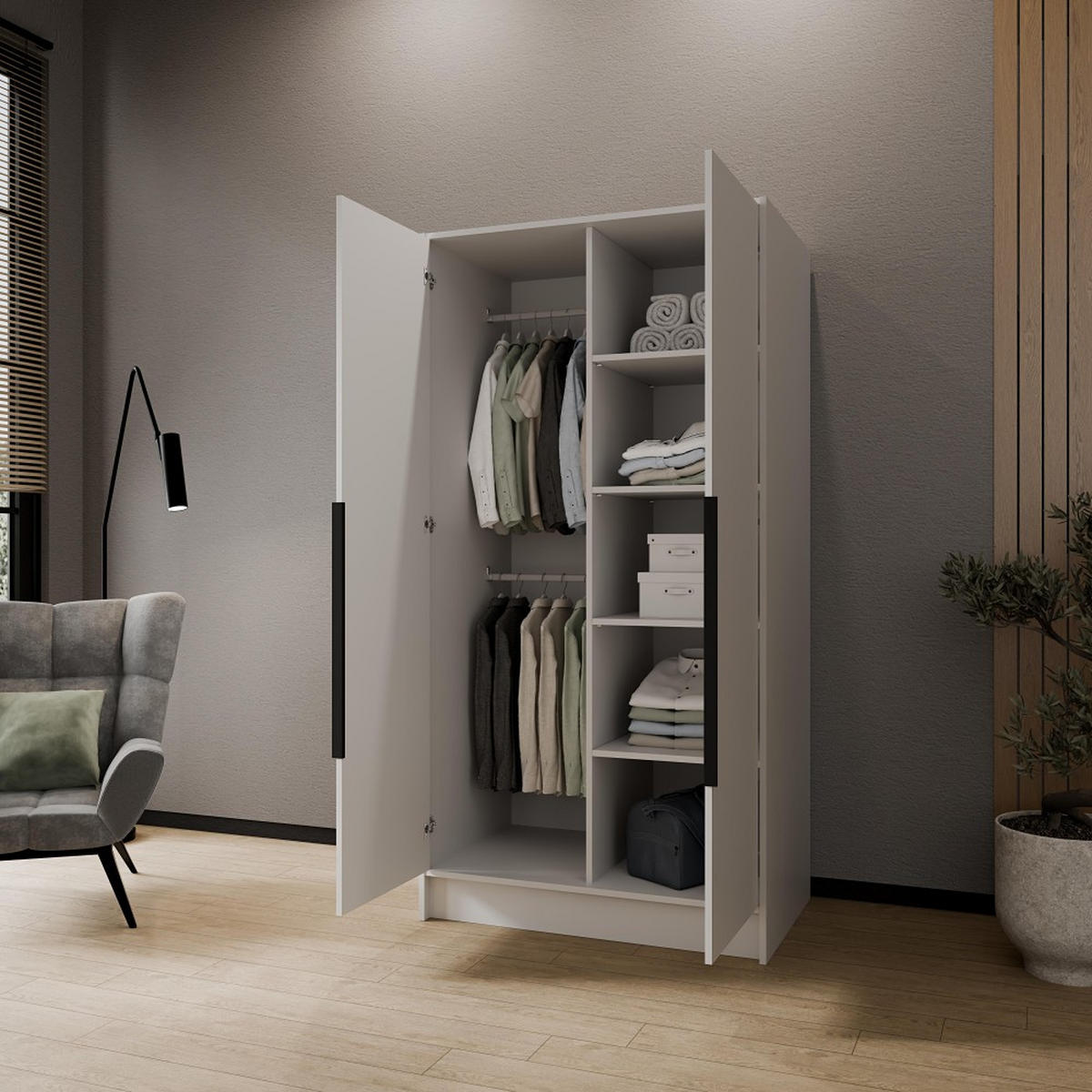 DREHTÜRENSCHRANK Pavia ohne Spiegel, Weiß mit mit schwarzen Griffen, 100 cm - Weiß, Holzwerkstoff (100/200/51cm) - Beautysofa