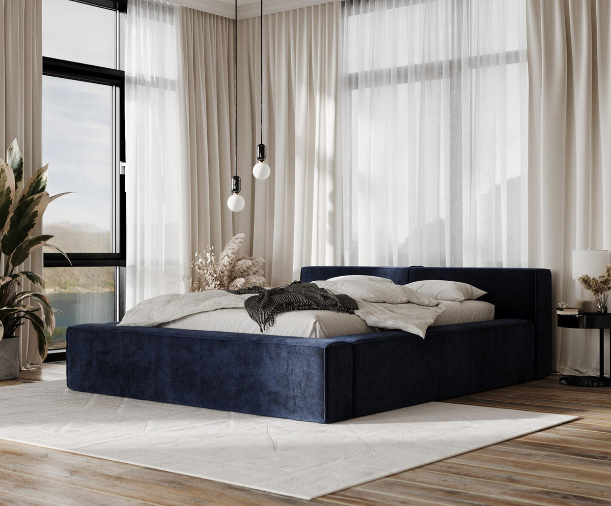POLSTERBETT Casto mit Stauraum 140/200 cm Marineblau im Terra NW Stoff - Schwarz/Naturfarben, Holz/Holzwerkstoff (140/200cm) - AltaBeds