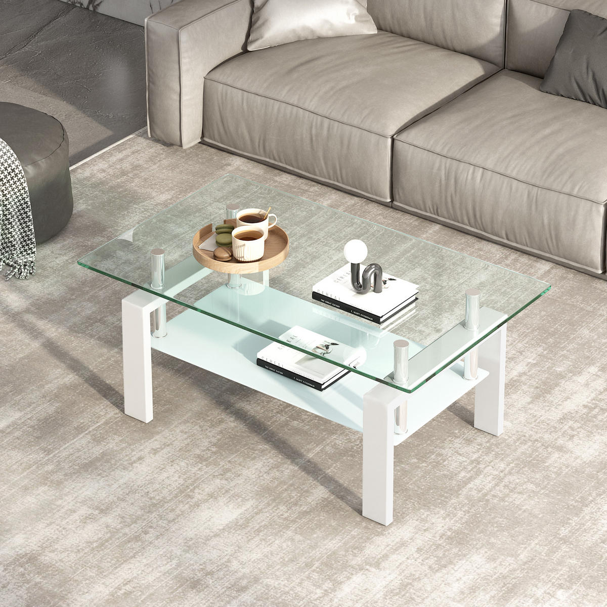 COUCHTISCH DE-37396 rechteckig mit zweistufigem Glas Weiß - Weiß, Metall (100/60/44cm) - ComfortXL