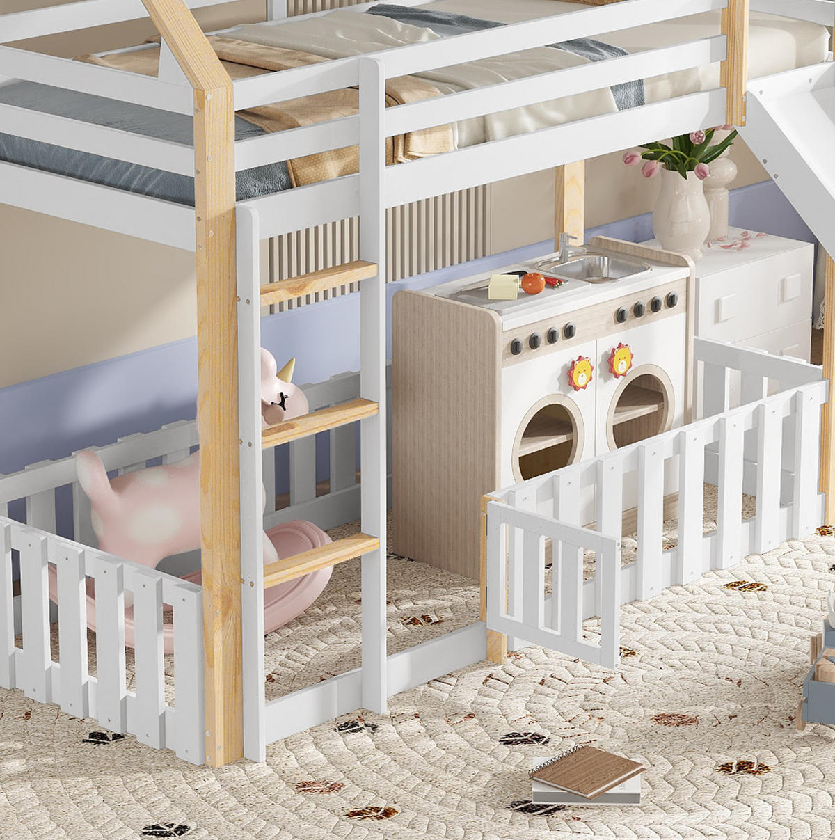 HAUSBETT 90/200 cm Weiß Natur mit Rutsche und Leiter ohne Matratze - Weiß, Holz (90/200cm) - MIVRAY