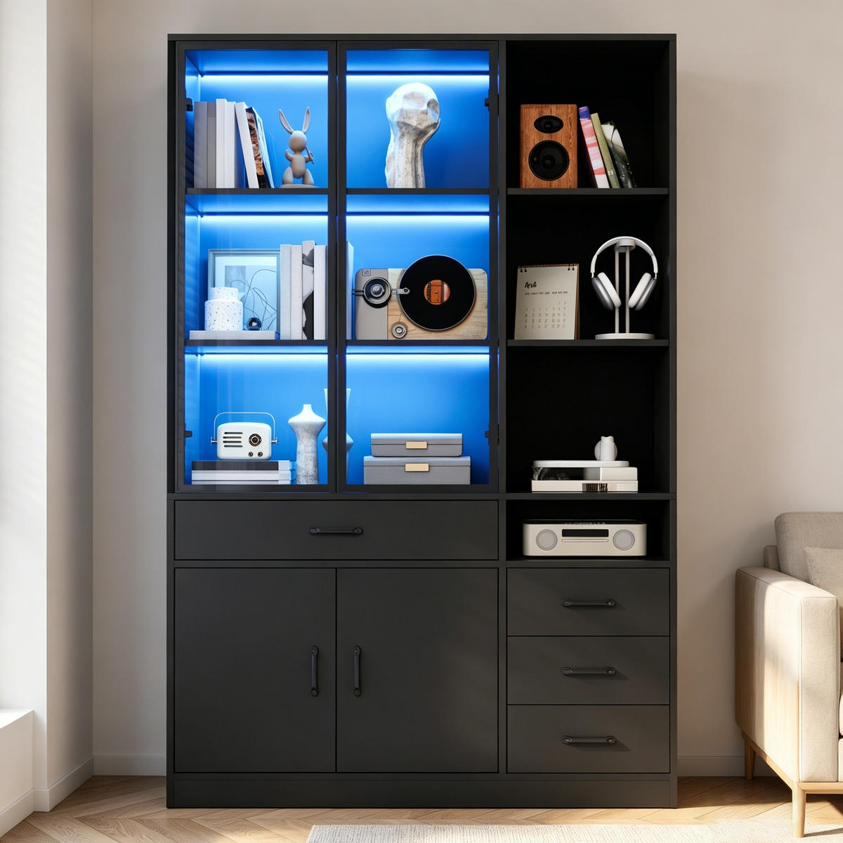 VITRINE in Schwarz Hochschrank mit Glasvitrine, Schubladen und LED, 120/35/200cm, für Esszimmer und Wohnzimmer - Transparent/Schwarz, Glas/Holzwerkstoff (120/200/35cm) - STILVORA