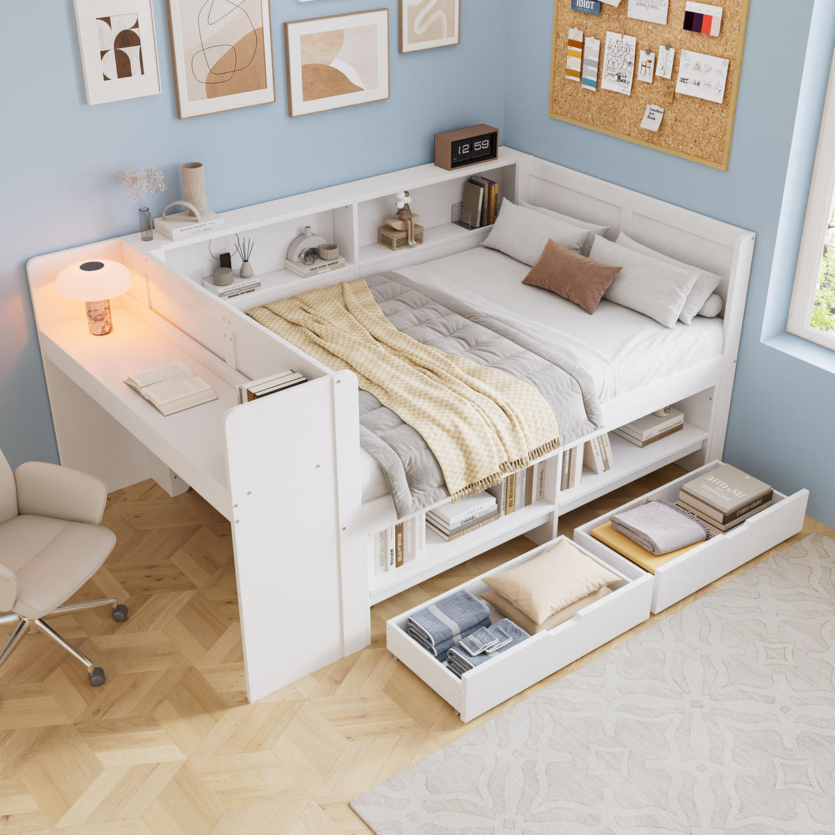 STAURAUMBETT 120/200 cm mit Schreibtisch, DE-41771, in Weiß - Weiß, Holz (120/200cm) - ComfortXL