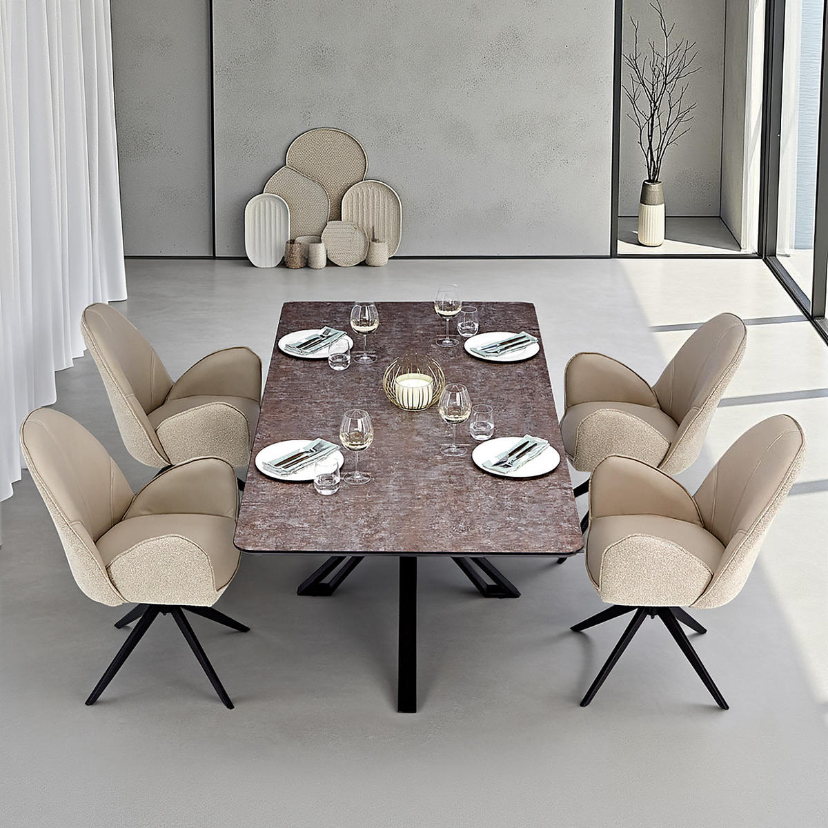 TISCHGRUPPE 200x100 cm schwarz mit 4 Stühle Beige - Beige, Metall (100/90/200cm) - Homestyle4u