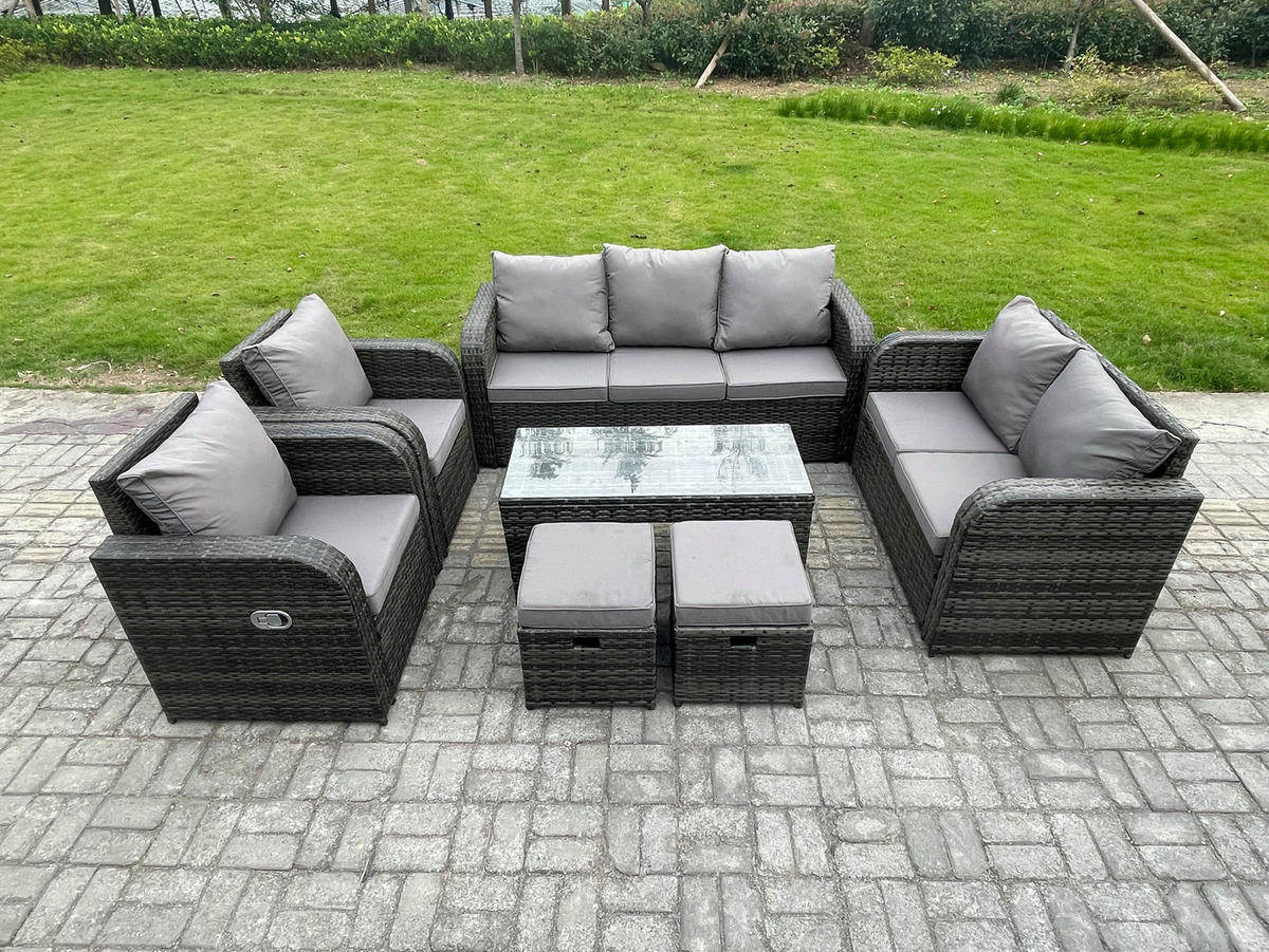GARTENMÖBEL SET mit Sofa Polyrattan 9-Sitzer Dunkelgrau - Dunkelgrau/Grau, Glas/Kunststoff - Fimous
