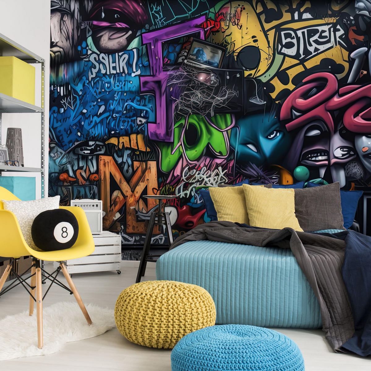 FOTOTAPETE für Jugendzimmer Bunte Graffiti Figura Schrift Abstrakt 200x140 - Blau/Pink, Papier (200/140cm) - Muralo