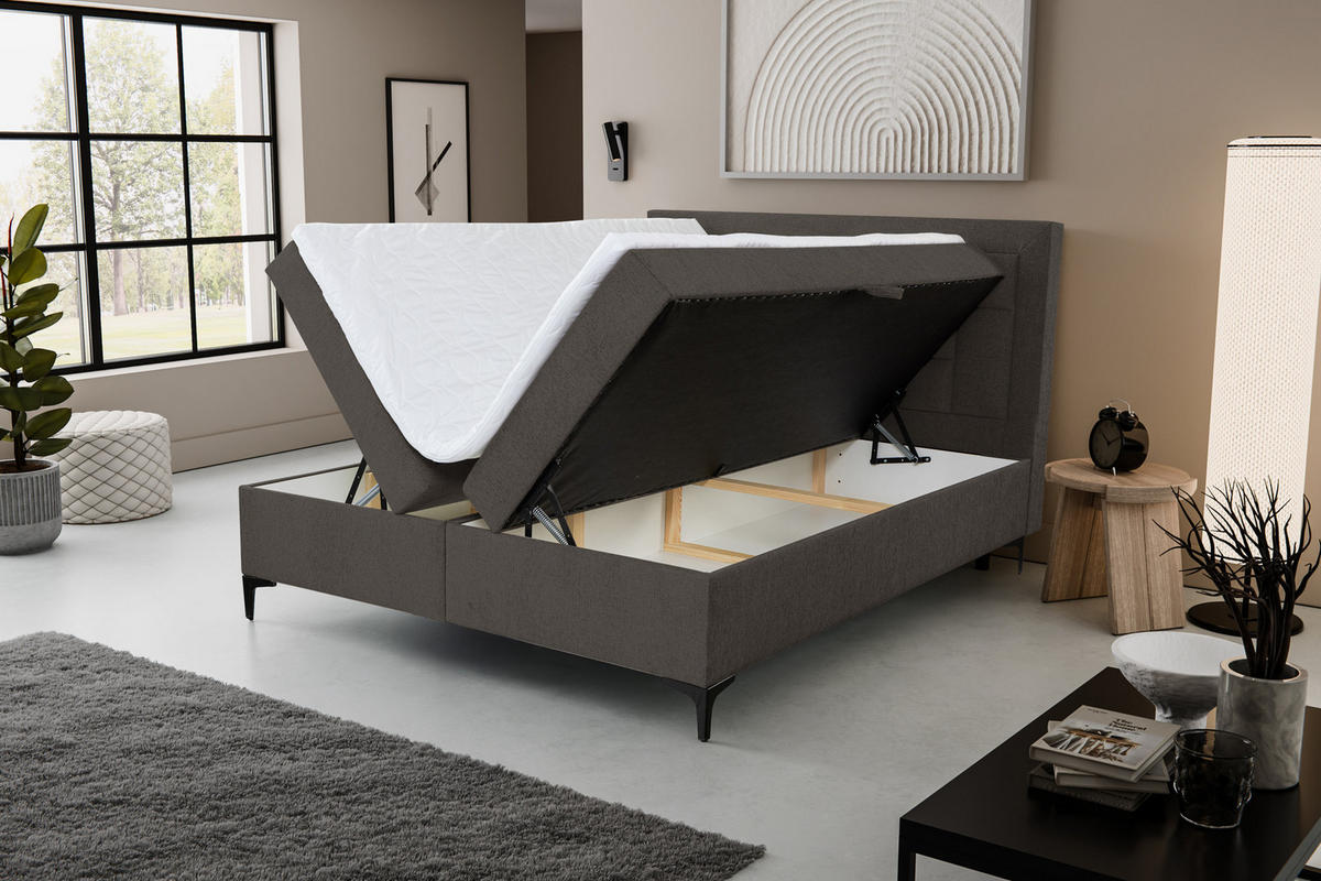 BOXBETT VENEZIA mit 2 Bettkästen, Maße: 180x200 cm, Farbe: Dunkelgrau , Velourstoff, mit Bonell-Matratze inkl. Topper - Dunkelgrau, Holz/Kunststoff (180/200cm) - VENASI MÖBEL