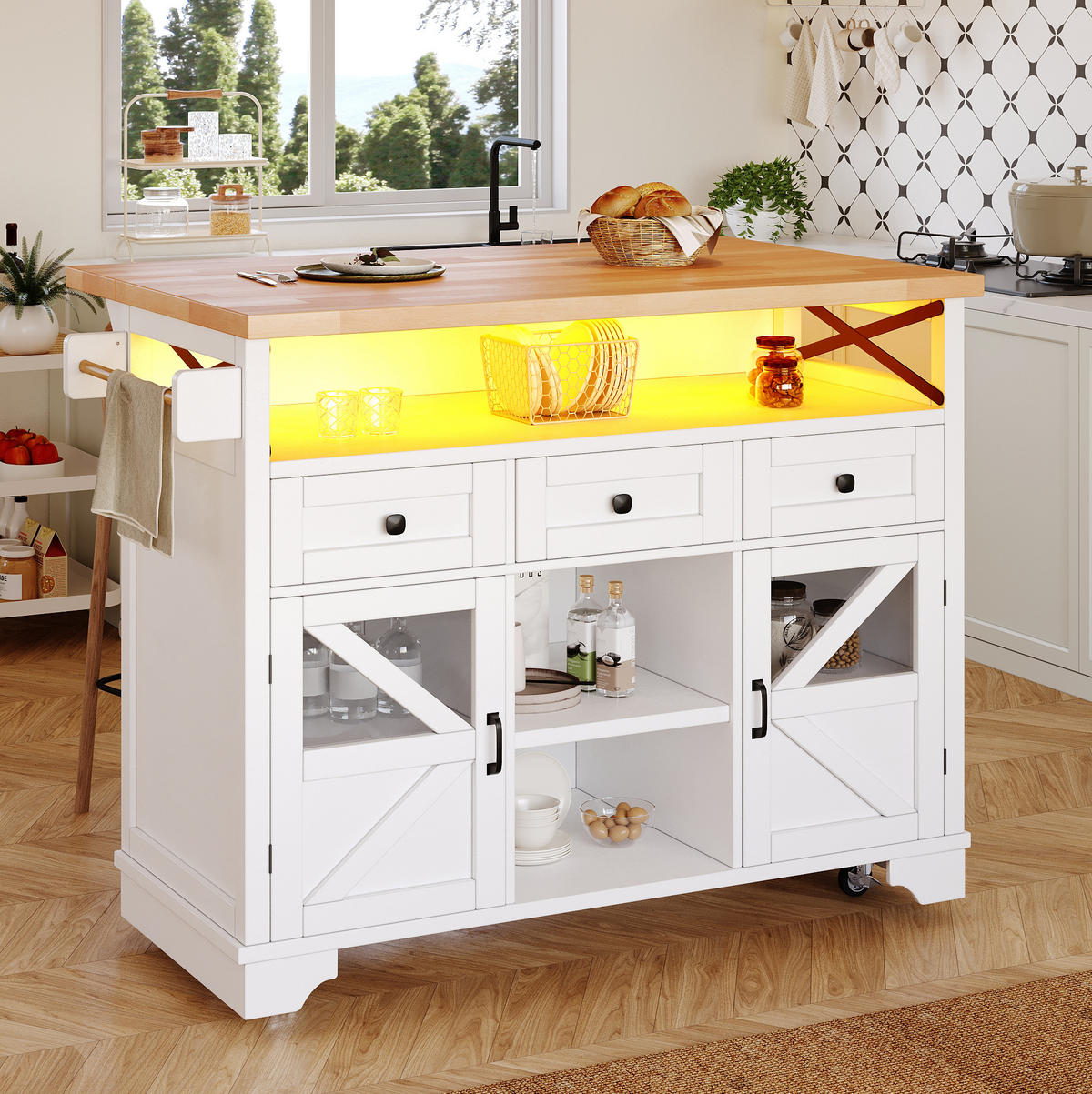 KÜCHENWAGEN mit Klapptisch, LED und Stauraum 120 cm Weiß - Weiß, Holz (71/98/120cm) - Beauniv