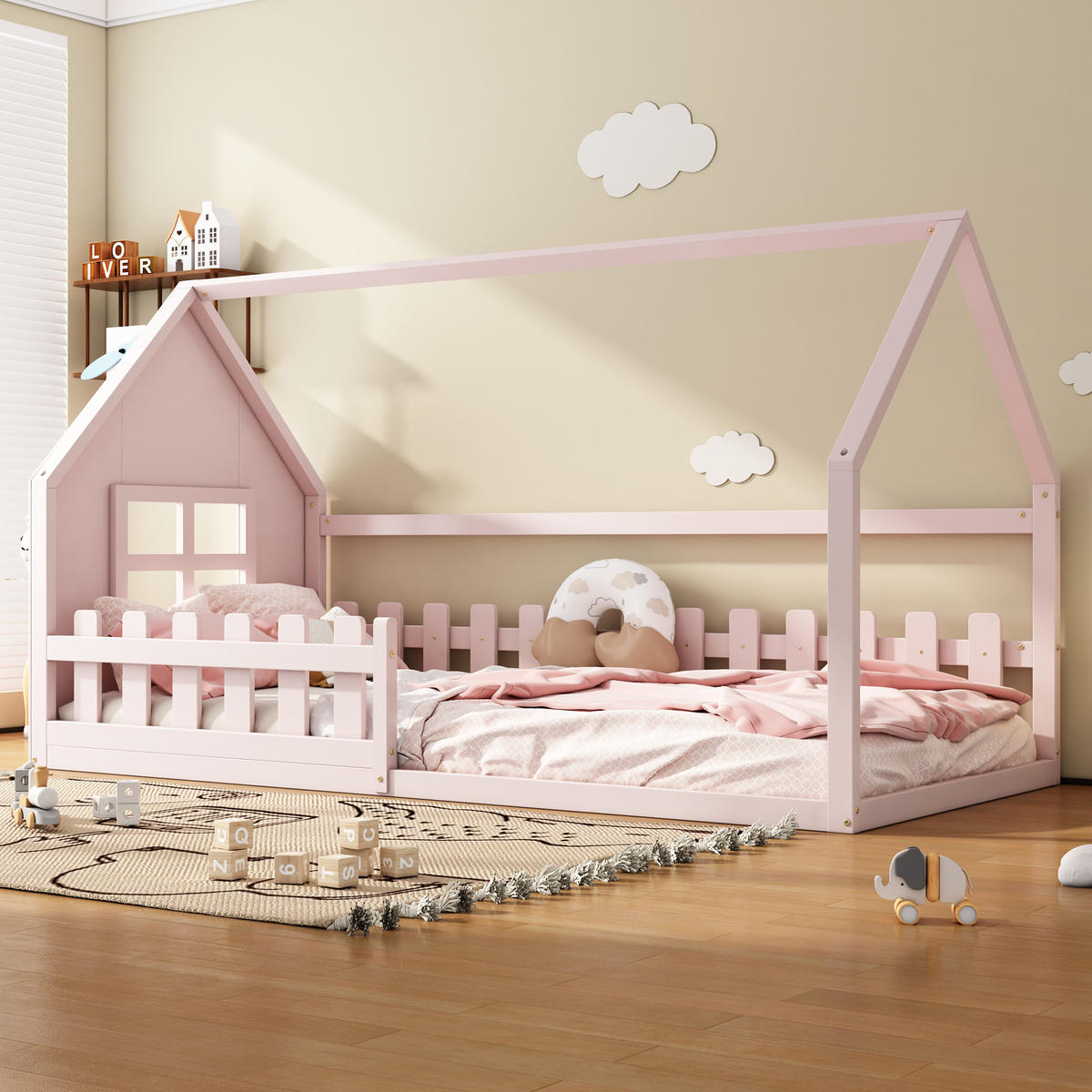 KINDERBETT 90/200 cm Rosa Hausform aus Kiefer und MDF - Rosa, Holz (90/200cm) - OKWISH
