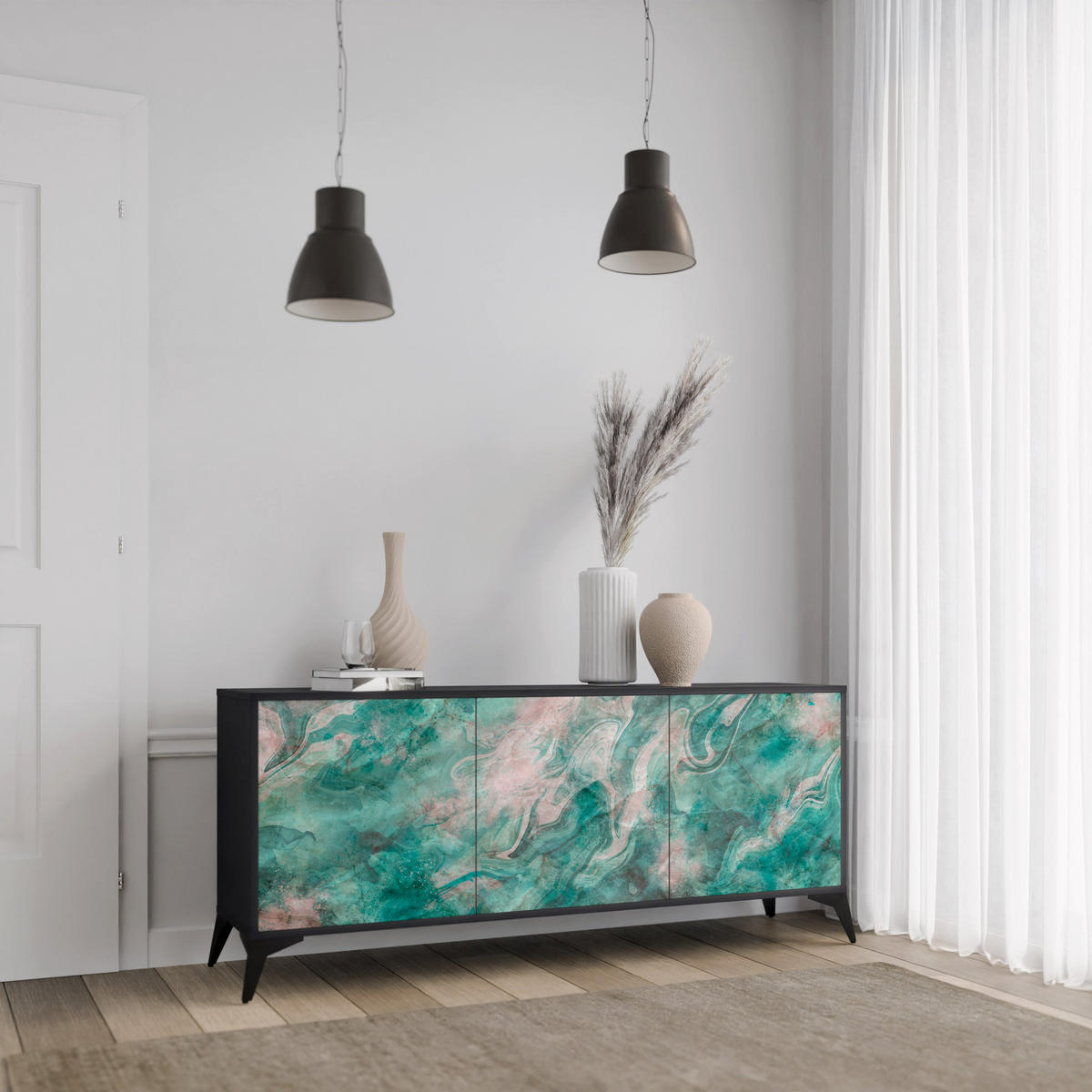 SIDEBOARD ABSTRACT ALCHEMY, Eicheneffekt, 164,5x42x77,5 cm, 3 Türen - Eichefarben/Buchefarben, Holzwerkstoff/Buchenholz (164.5/77.5/42cm) - SpaceRebels