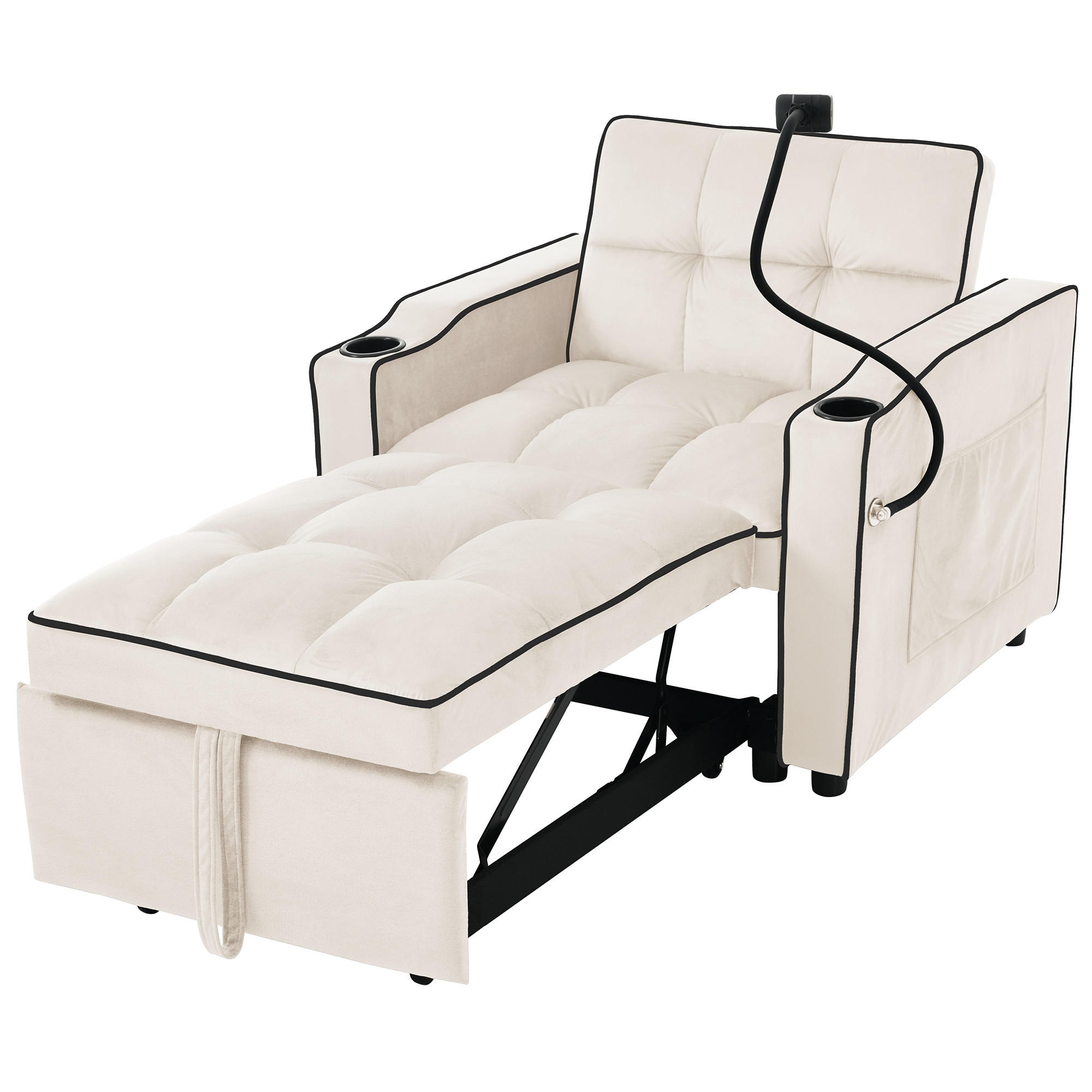 SOFA 3in1 Ausziehbar Schlaffunktion Getränkehalter Handyhalter Kleinraum - Beige, Holz (75.57/23.5/52.71cm) - FLIEKS