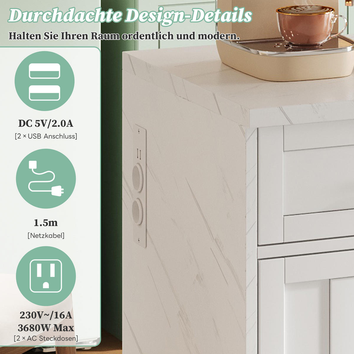 KÜCHENINSEL 120x60x91 cm mit Steckdosen, USB und Barbereich - Weiß, Holzwerkstoff (120/91/60cm)