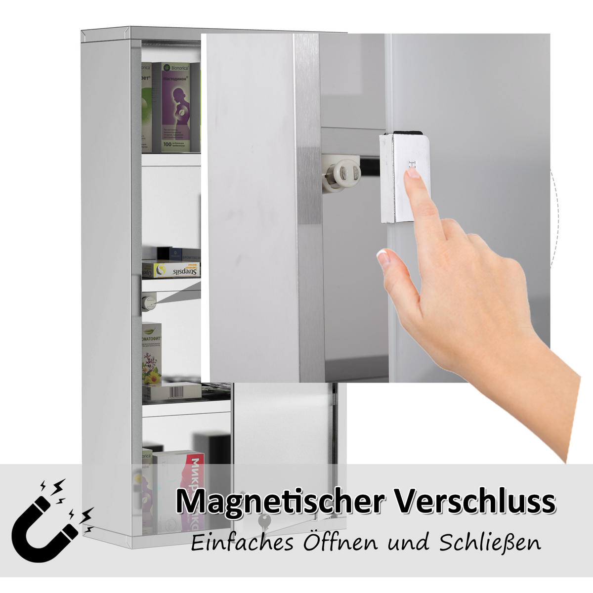 MEDIZINSCHRANK, Erste Hilfe, mit Schloss, Edelstahl, 30 x 12 x 60 cm - Silberfarben, Glas (12/60/30cm) - HOMCOM