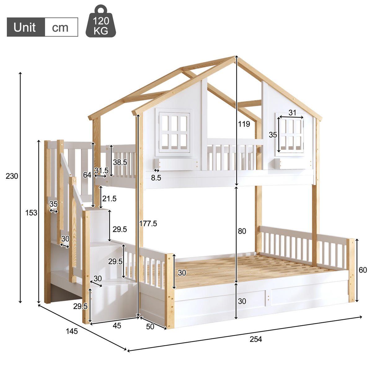 ETAGENBETT 90/200 cm und 140/200 cm Weiß + Naturholz mit LED-Beleuchtung, Treppe mit Stauraum und hydraulischen Staufächern - Weiß, Holz (90/200cm) - Oxeza