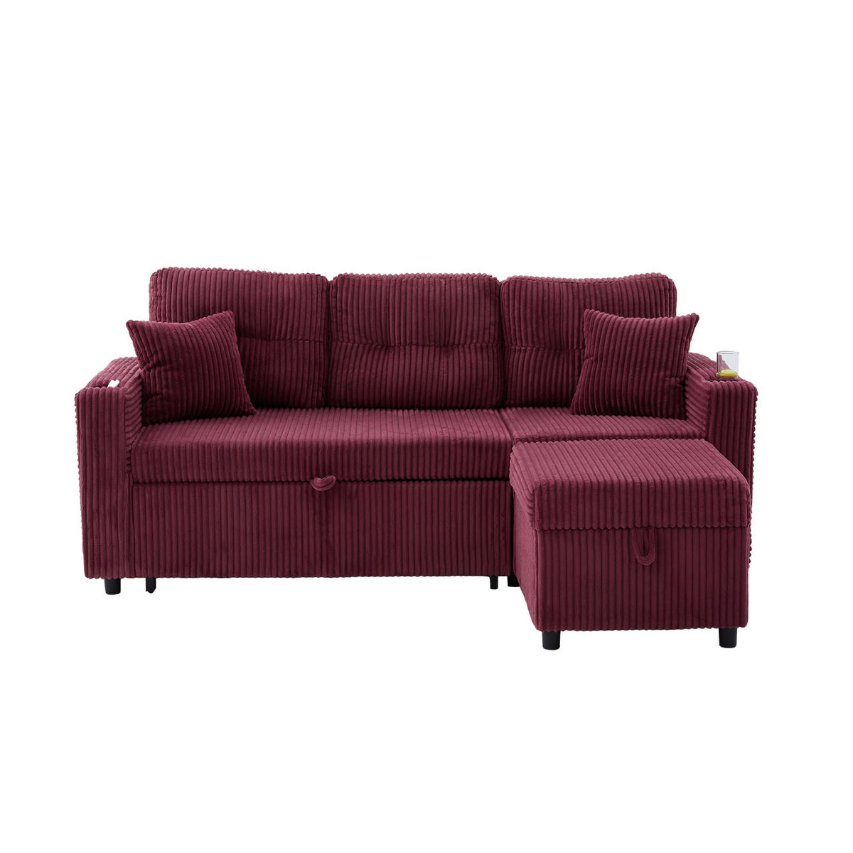 SCHLAFSOFA 3-er Sofa mit Schlaffunktion,Aufbewahrungshocker,Cord,Rot - Rot, Textil (196/85/119cm) - LVHOM