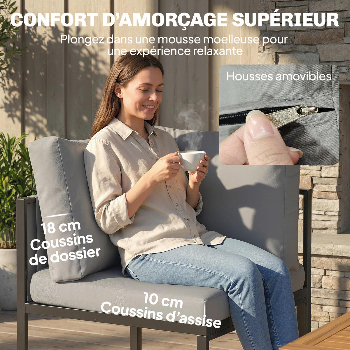 GARTENSET DE-13519 6-teilig mit Tisch & 2 Hockern Grau - Grau, Metall - ComfortXL