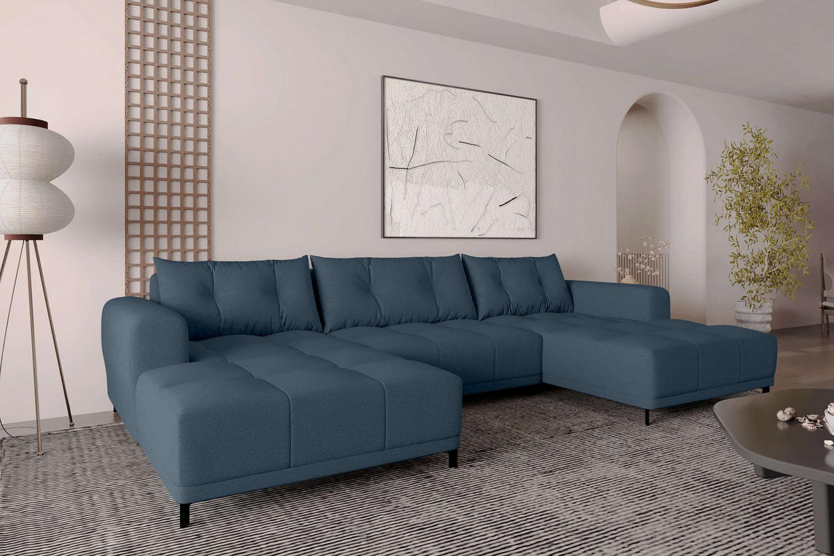 WOHNLANDSCHAFT Strukturstoff Dunkelblau inkl. Schlaffunktion - Schwarz/Dunkelblau, Textil/Metall (348/94/181cm) - 99rooms