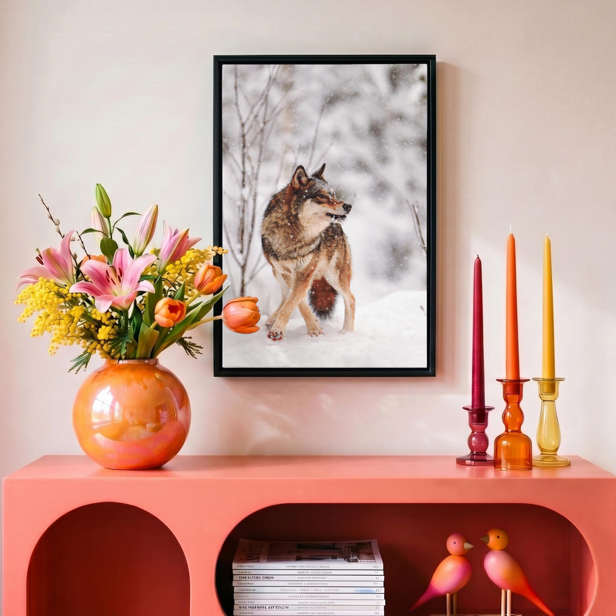 LEINWAND Bilder mit Rahmen - Wolf - Winter - Schnee - Natur - Tiere - 20x30 - Haselnussfarben, Textil (20/30cm) - MuchoWow