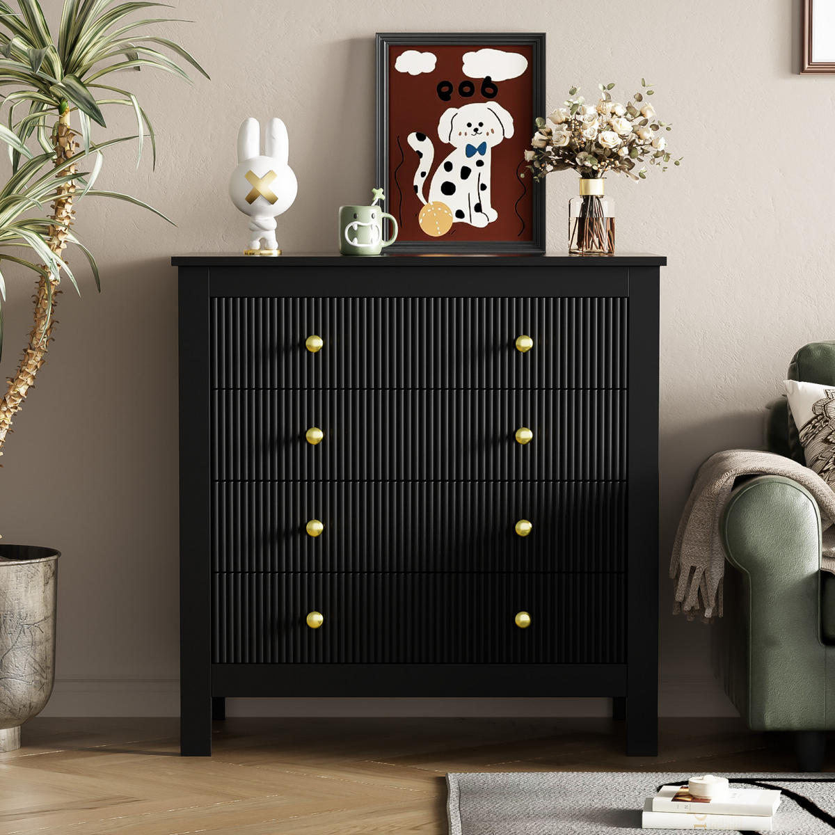 SIDEBOARD Schwarz, Stauraum, Goldgriffe, modernes Design - Schwarz, Holz (79/80/39cm)