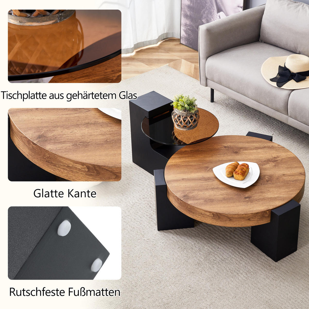 COUCHTISCH 61/30 cm schwarz aus MDF und Glas mit zwei Ebenen - Schwarz, Holzwerkstoff (61/61/30cm) - OKMYHOME