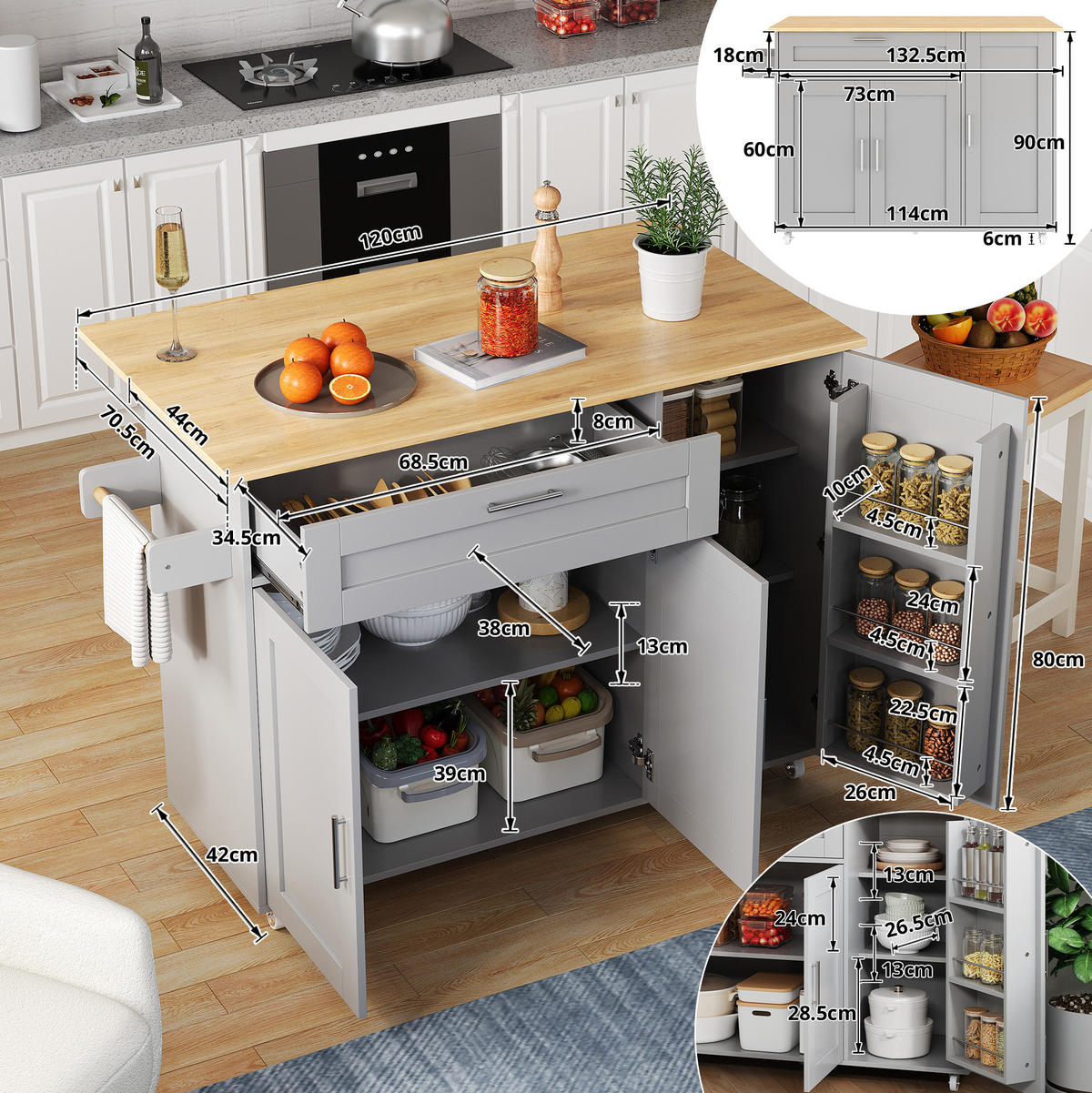 KÜCHENINSEL 132,5/90/44(70) cm Grau aus MDF mit klappbarer Arbeitsplatte - Grau, Holzwerkstoff (44/90/132.5cm) - OKMYHOME