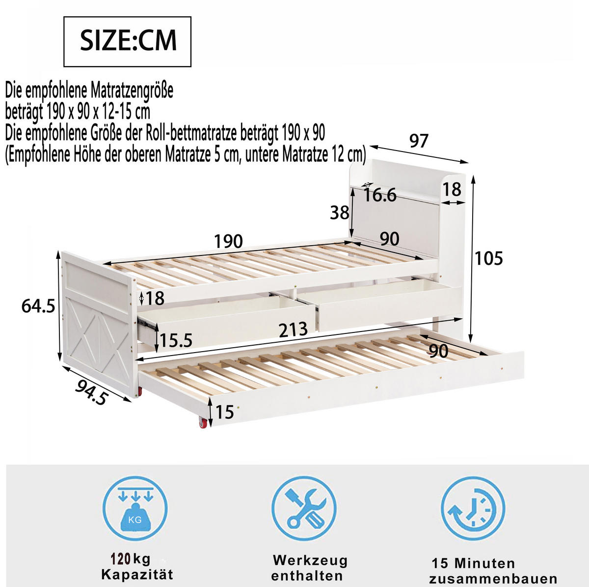 BETT 90/190 cm Weiß aus Massivholz mit Bett und Schubladen - Weiß, Holz (90/200cm) - OKMYHOME