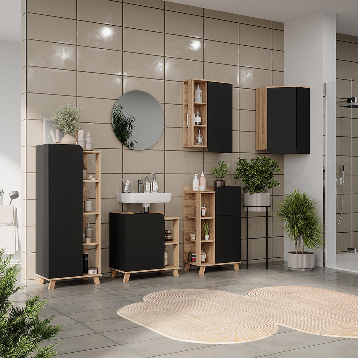BADMÖBEL-SET Karen Sonoma 5 Teile - Anthrazit, Holzwerkstoff (60/65/35cm) - Vicco