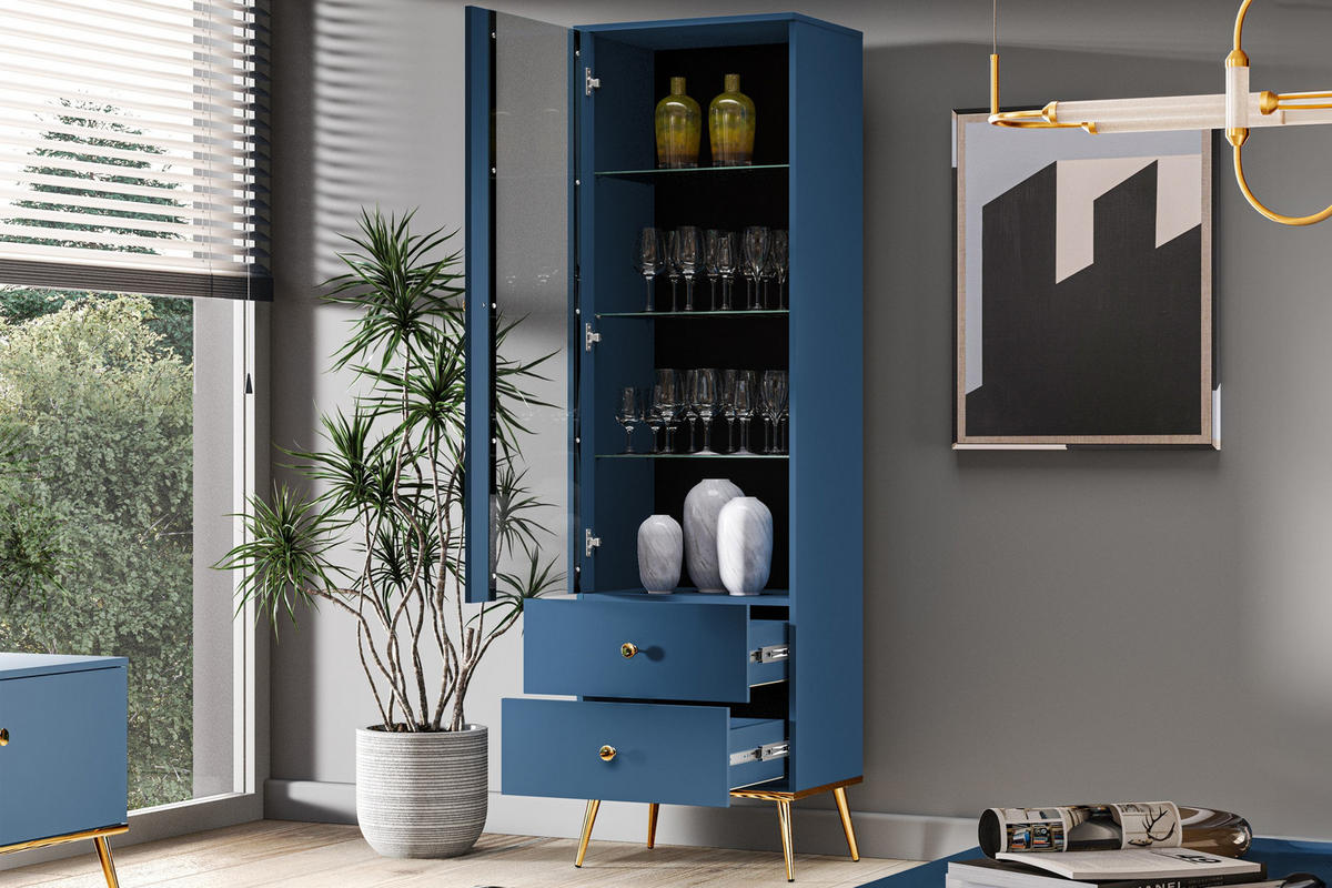 VITRINENSCHRANK ARICIA Soft-Close-Funktion, Marineblau - Blau, Holz (55/190/40cm) - KONSIMO®