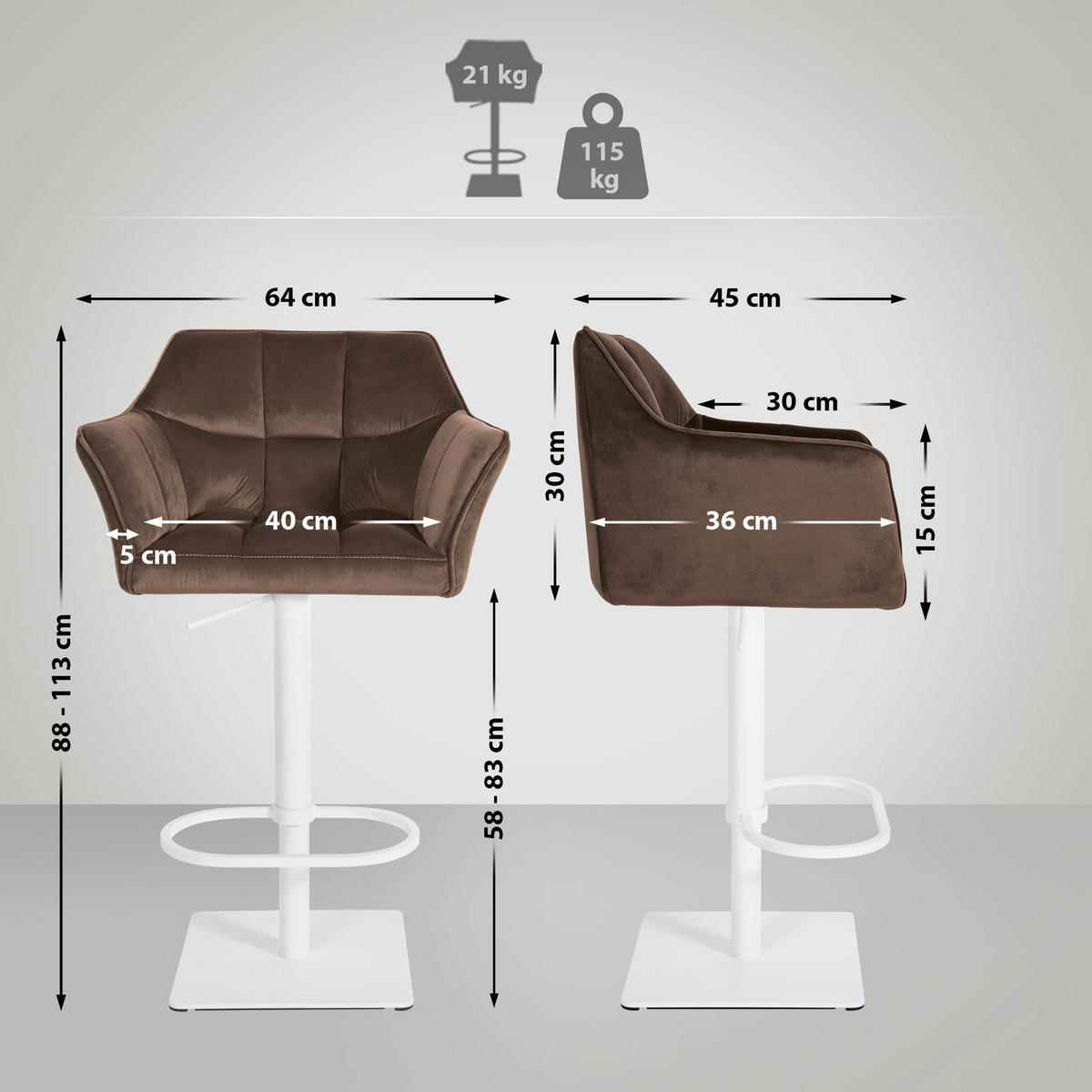 BARHOCKER 2er Set Samt Braun - Weiß/Braun, Textil/Metall (64/88/45cm) - CLP