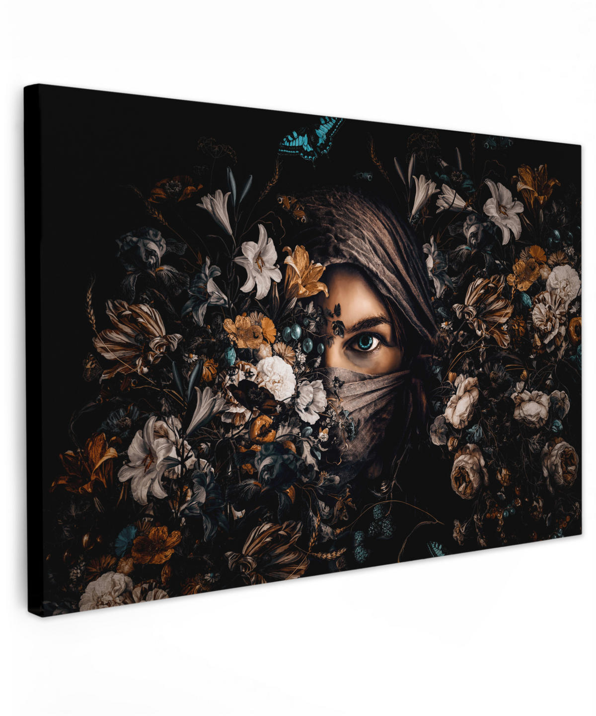 LEINWANDBILD Frau - Luxus - Blumen - Schmetterling - Porträt Deko Schlafzimmer 30x20 cm - Schwarz, Textil (30/20cm) - MuchoWow