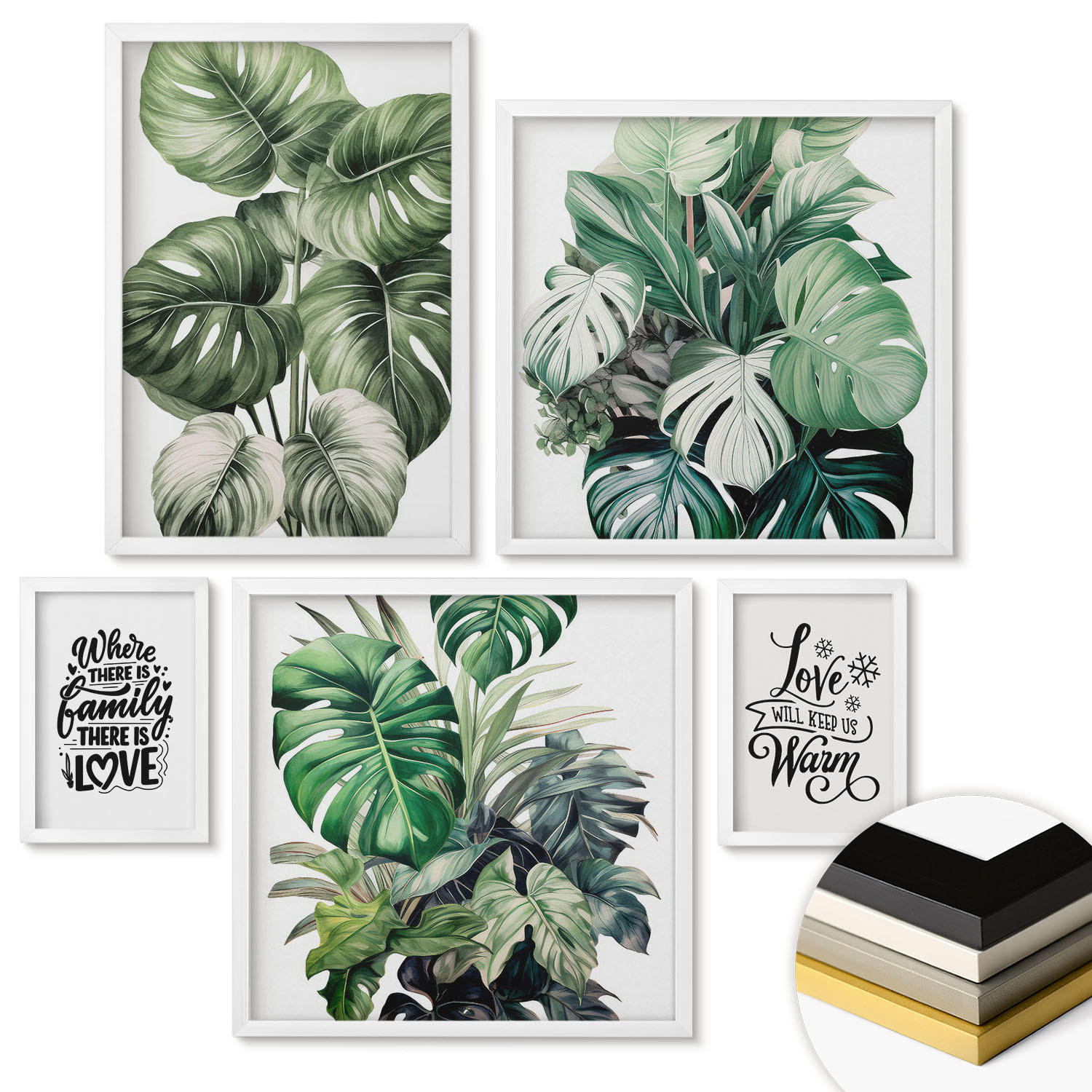 WANDBILDER 5er-Set - 50x50 cm & 20x30 cm & 40x60 cm Weißer Rahmen - Gemalte Abstraktionen der Natur - Weiß, Kunststoff (40/60cm) - ArtPrintCave