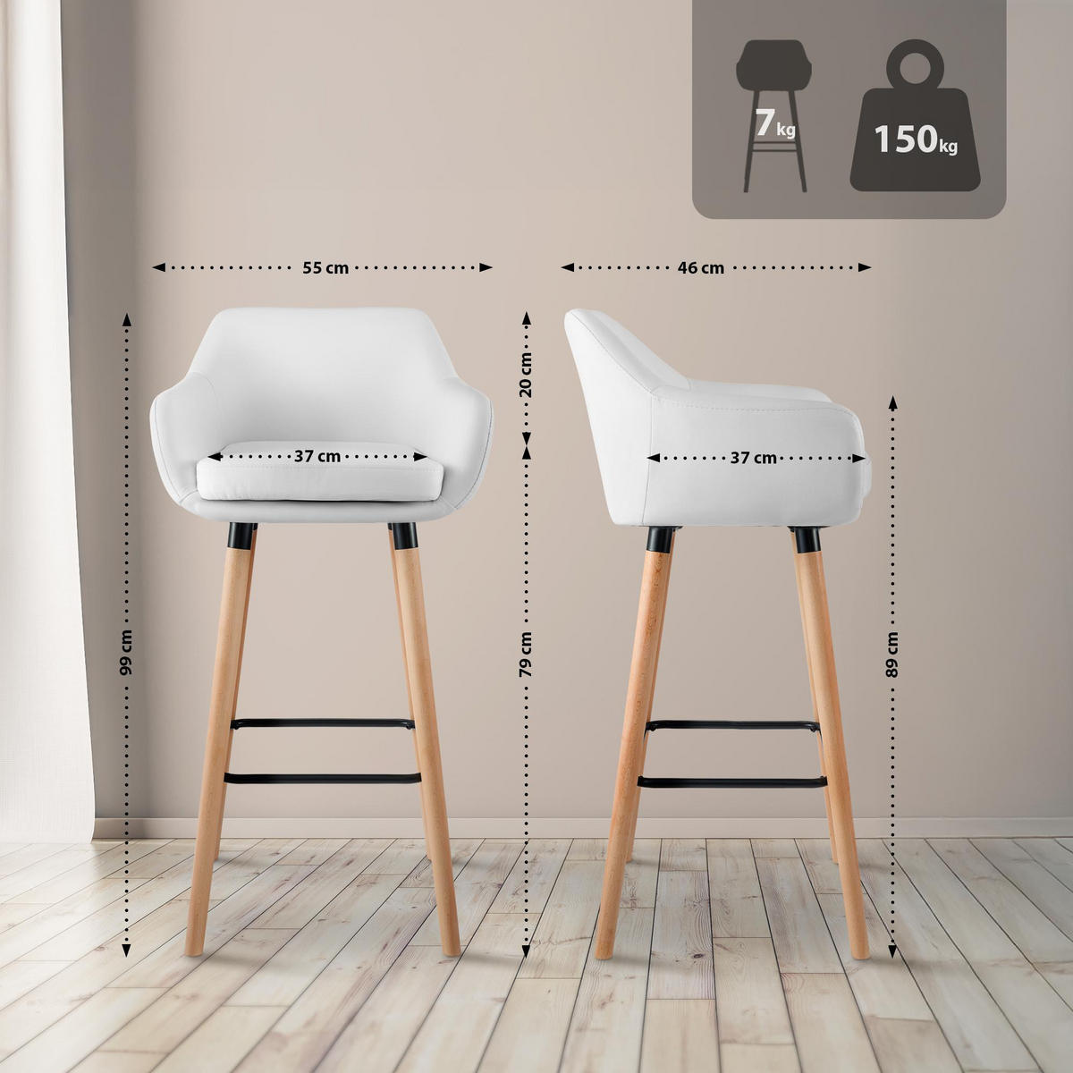 BARHOCKER Lederlook weiß - Eukalyptusholzfarben/Weiß, Holz/Textil (55/99/46cm) - CLP