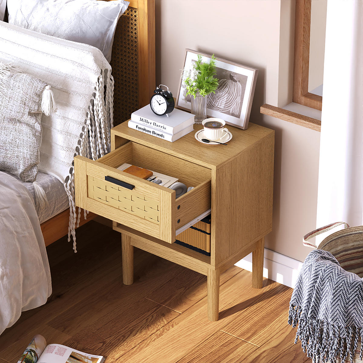 NACHTTISCH 2er Set Holz Rattan Schublade offenes Fach Eiche - Naturfarben, Holz (30/55/40cm) - LEBENLANG