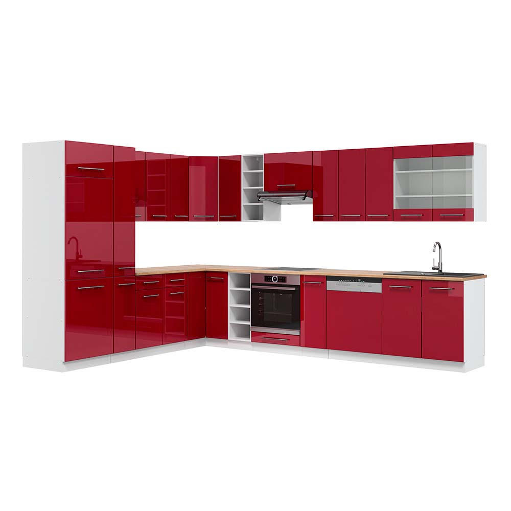 ECKKÜCHE Fame-Line Bordeaux Hochglanz/Weiß 347 x 257 cm, AP Eiche - Bordeaux/Weiß, Holzwerkstoff (347/81.6/60cm) - Vicco